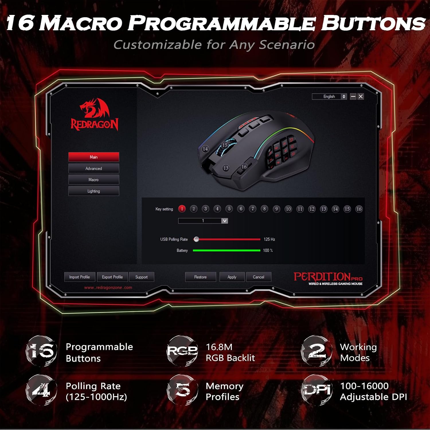Redragon Gaming Mouse, MMO Mouse Gaming UP 12400 DPI, 19 Macro Programmable Buttons, RGB Mouse with 12 Side Buttons, 8 * 2.4g Weight Tuning for PC Laptop MOBA FPS, M901K, Black
