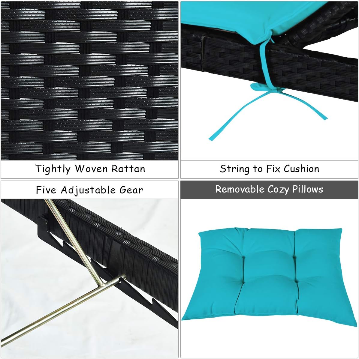 Tangkula Outdoor Chaise Lounge Chair, 5-Position Adjustable Rattan Recliner Chair w/Cushioned Seating and Adjustable Feet