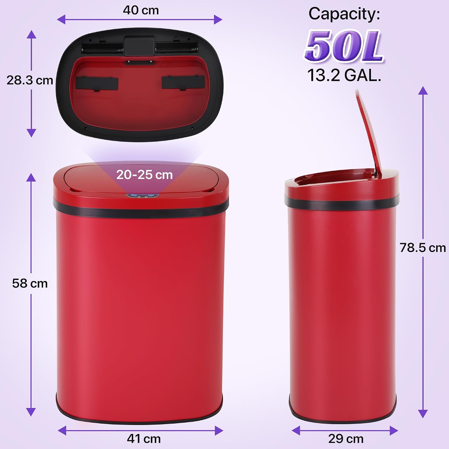 13 Gallon Touch-Free Automatic Stainless-Steel Trash Can Garbage Can Metal Trash Bin with Lid for Kitchen Living Room Office Bathroom, Electronic Motion Sensor Automatic Closure & Opening