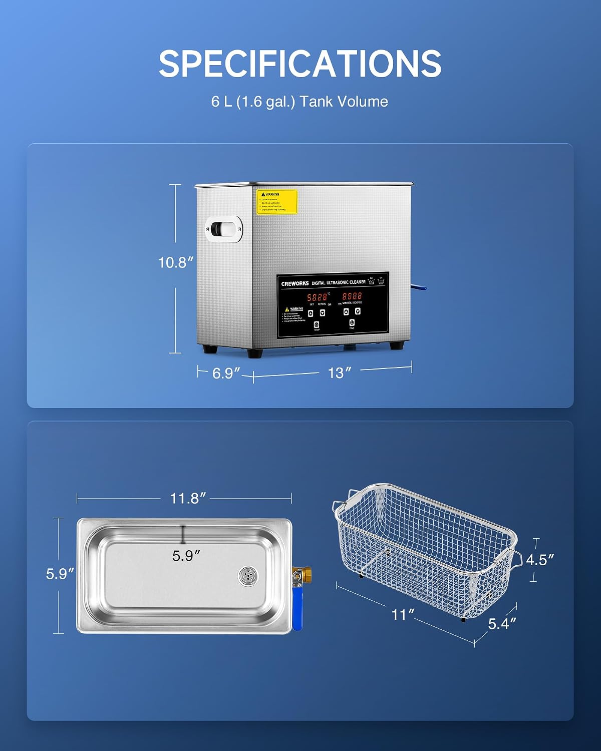 CREWORKS 3L Ultrasonic Cleaner, 0.8 gal Digital Sonic Cavitation Machine | 120W Stainless Steel Professional Jewelry Cleaner for Cleaning Tool Watch Glasses Retainer Denture Parts with Heater & Timer