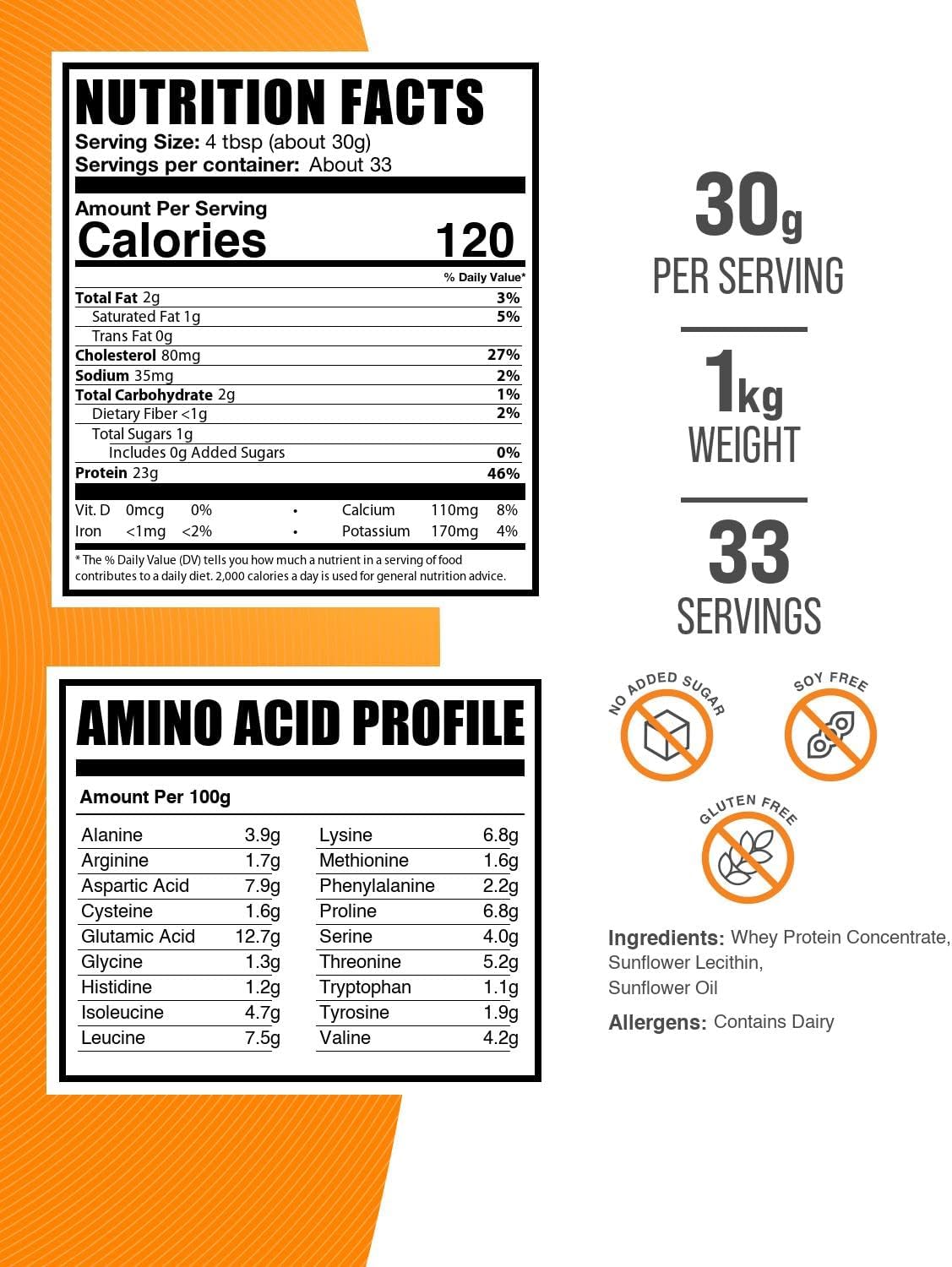 BulkSupplements.com Whey Protein Concentrate Powder - Whey Protein Powder Supplement, Unsweetened, Unflavored & Gluten Free, 30g per Serving, 500g (1.1 lbs) (Pack of 1)