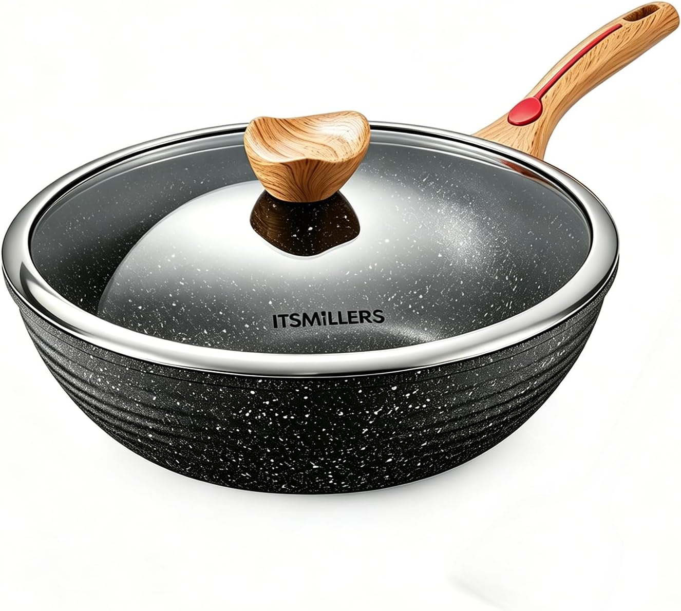 ITSMILLERS Nonstick Wok Aluminium Die-casting Chinese Wok, Scratch Resistant With Lid and Spatula, PFOA-Free, Dishwasher Safe & Induction Bottom