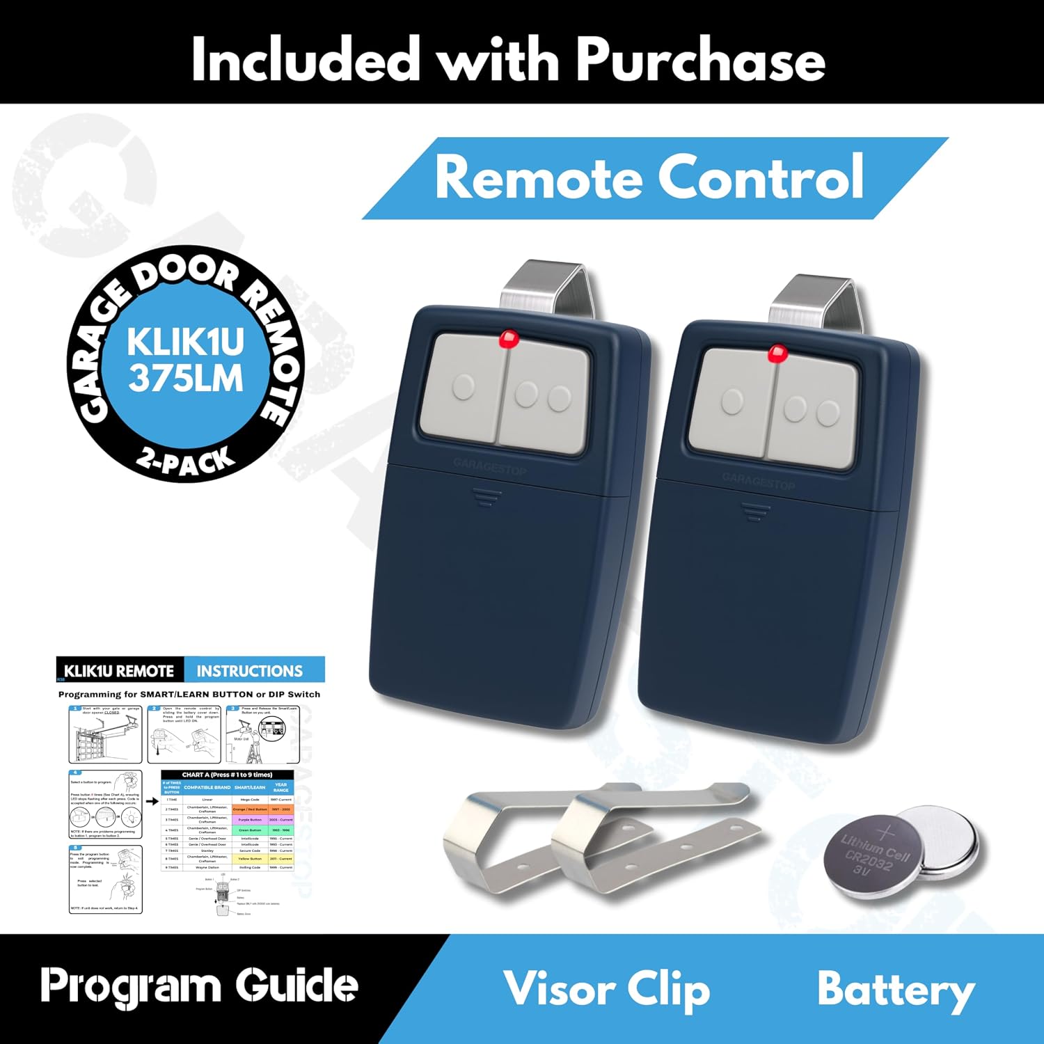 2X Universal Garage Door Opener Remote KLIK1U 375UT 375LM Garage Clicker