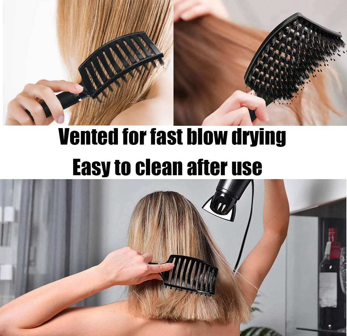 Boar Bristle Detangler Vent Hair Brush for Blow Drying, Curved Vented Paddle Detangling Brush for Women Men