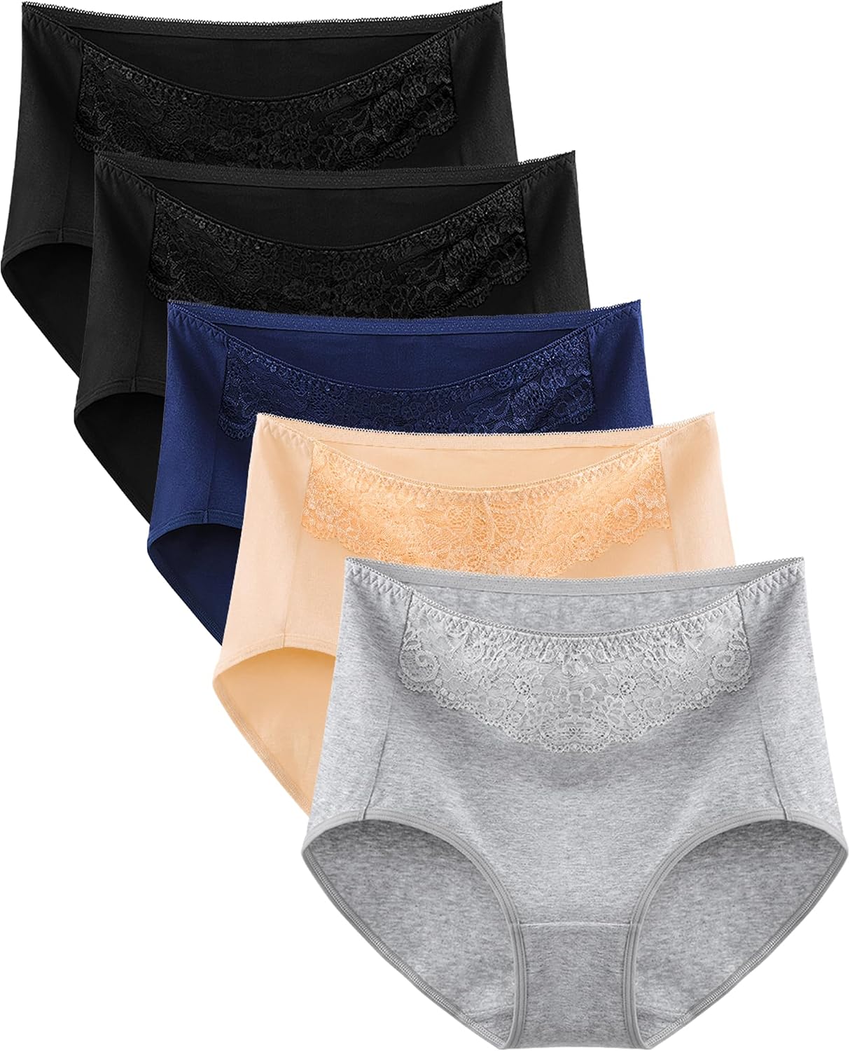 MISSWHO Women's High Waisted Cotton Underwear Soft Breathable Full Coverage Stretch Briefs Ladies Panties 5-Pack