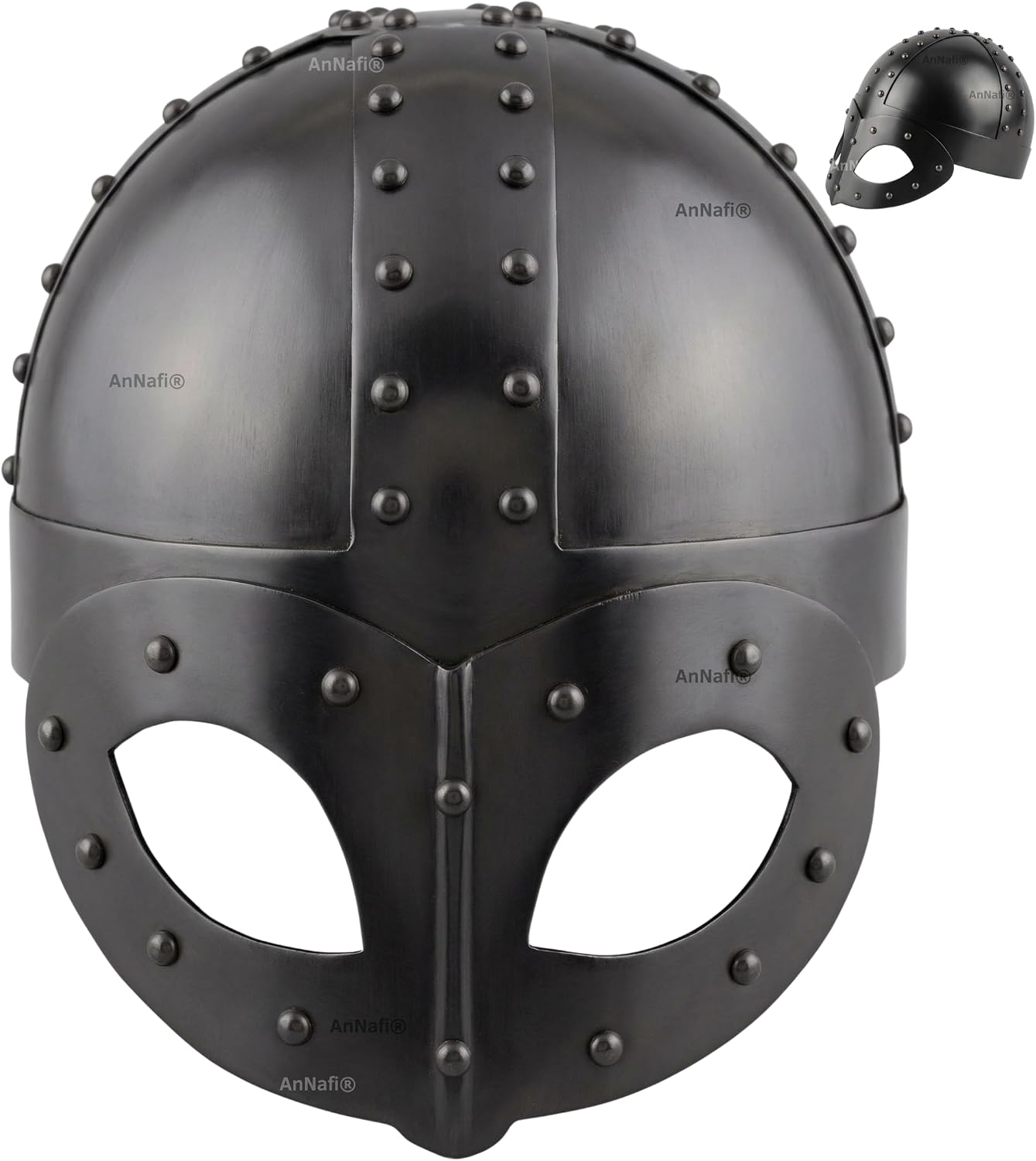 AnNafi® Black Plated Antique Medieval Viking Mask Helmet, Premium Quality Soldier Helm Adult with Liner & Strap