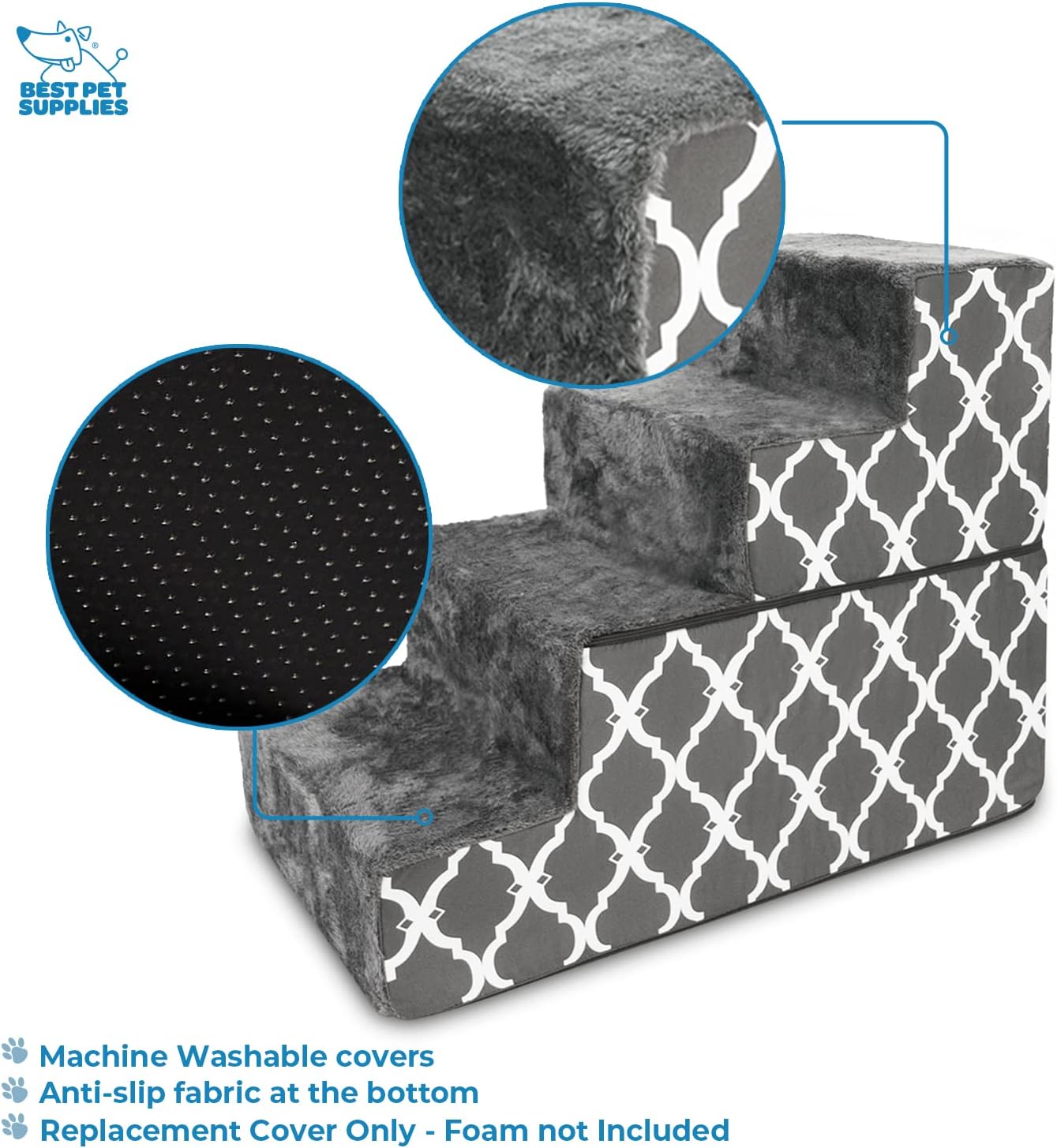 Best Pet Supplies Non-Slip Foam Dog Stair & Pet Ramp, Balanced Indoor Step Support - Foldable Stair, Ash Gray Linen,3-Step