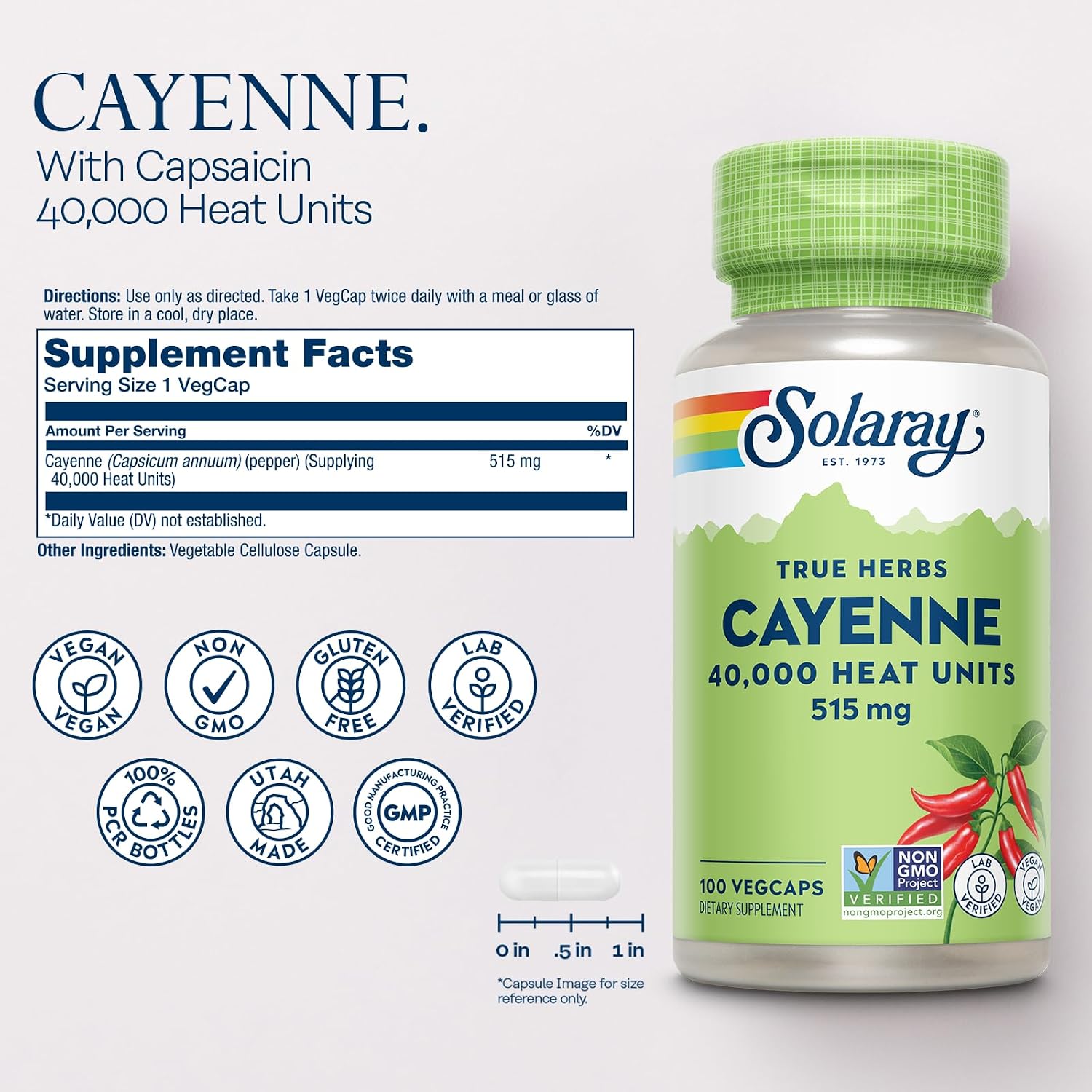 Solaray Cayenne 40,000 Heat Units, 100 Ct Veg Caps