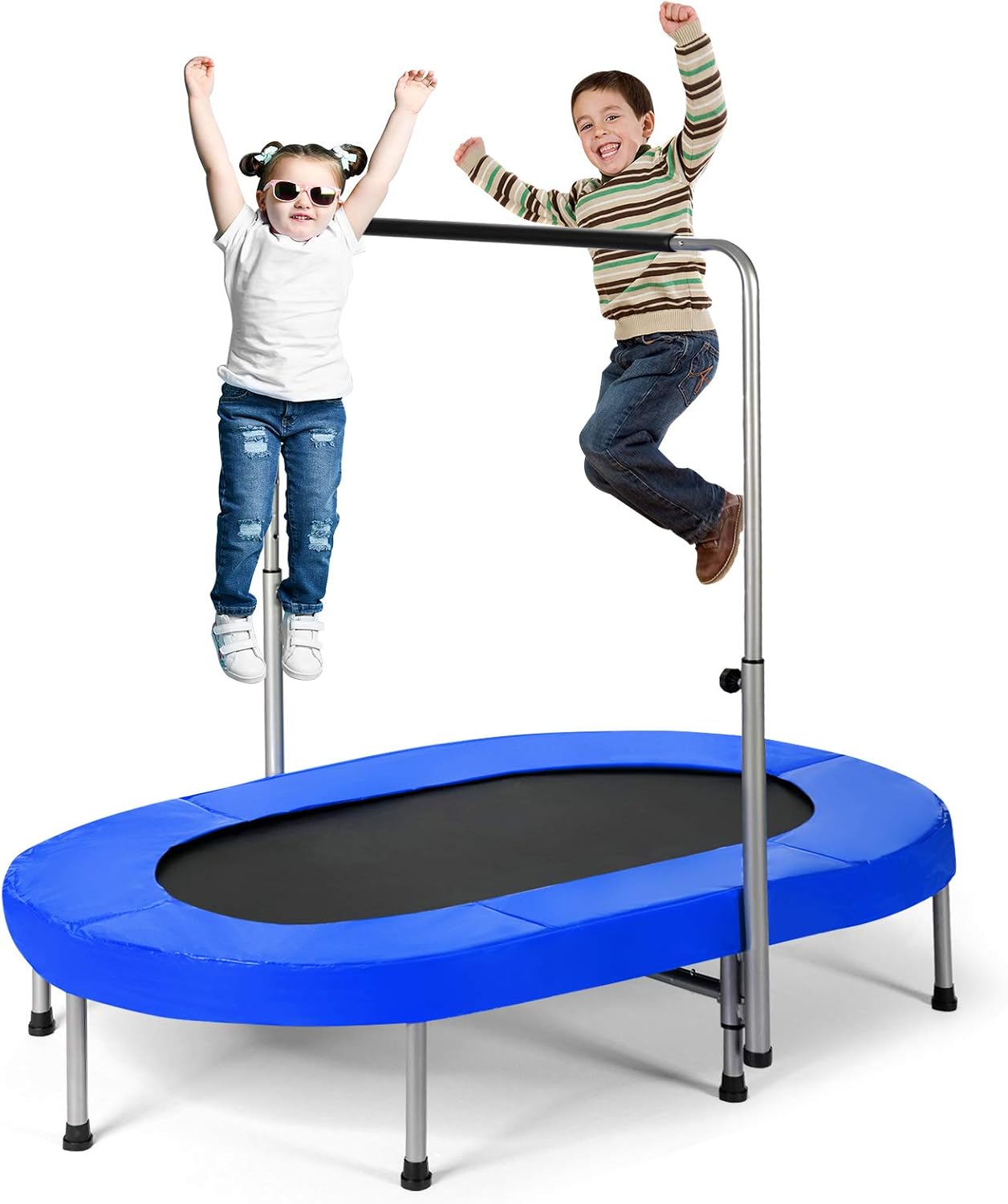 Giantex Mini Trampoline, 2 Persons Foldable Fitness Trampoline w/ 5 Levels Height Adjustable Handle, Max Load 330LBS