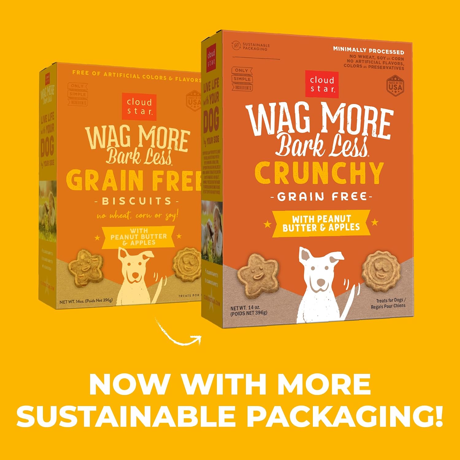 Cloud Star Wag More Bark Less - Dog Treats - Crunchy Biscuits - Grain Free Peanut Butter & Apples - 14 oz Box