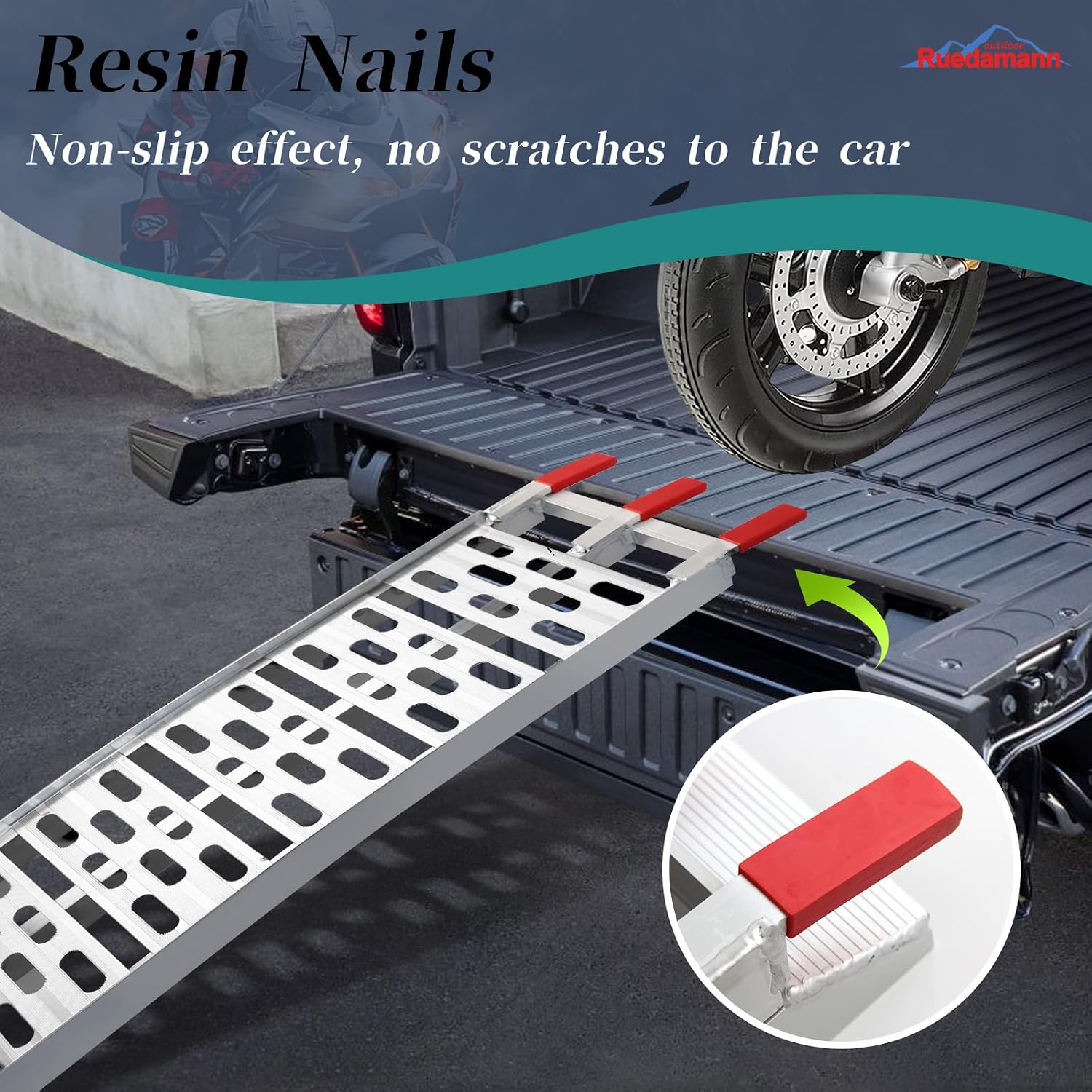 Ruedamann 7.5FT Aluminum Motorcycle Ramp, 750 lbs Capacity, 1 PC | Folding Truck Ramp for ATV, Motorcycle, Lawn Mower, Bike Ramp for Truck, Anti-Slip Loading Ramp for Dirt Bike