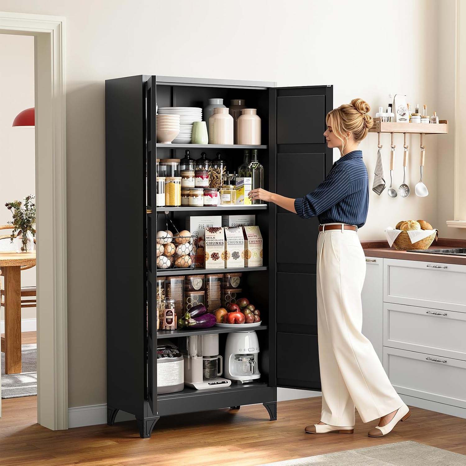 Metal Storage Cabinet with 2 Doors and 4 Adjustable Shelves - 61" White Kitchen Pantry Storage 5-Tier Tall Steel Cabinets Locker for Kitchen, Living Room, Dining Room