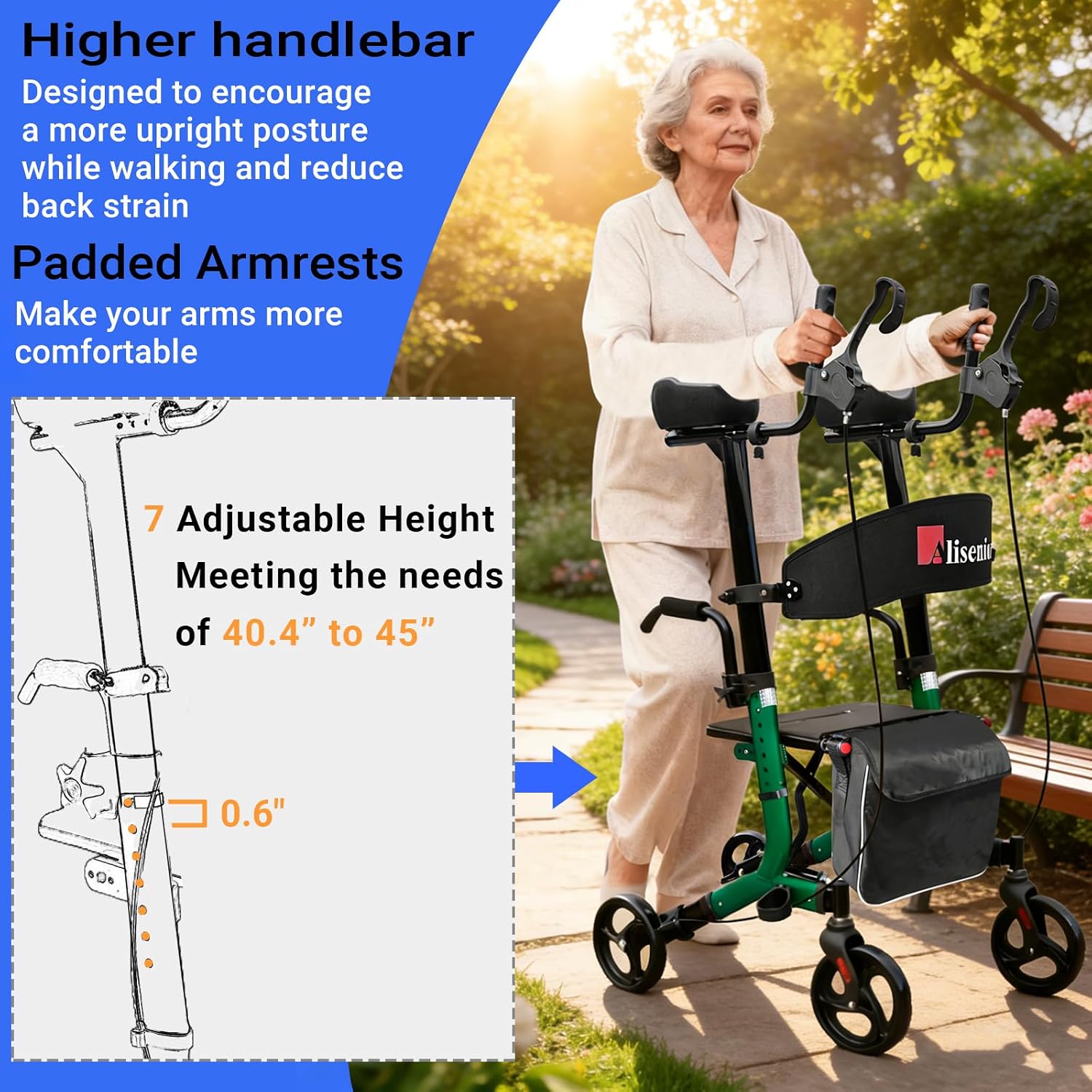Aliseniors Upright Walker for Seniors - Big Stand Up Walker with Wide Seat, Foldable 4 Wheel All-Terrain Rolling Walker, Adjustable Armrests, 300lbs, Improves Posture & Reduces Back Strain | 20.6" Wide Seat, Foldable Rollator, 8" All-Terrain Wheels, Adju…