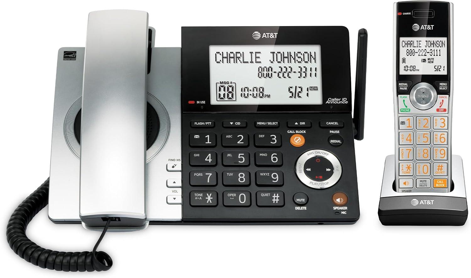 AT&T DECT 6.0 Expandable Cordless Phone with Answering System, Silver/Black with 3 Handsets
