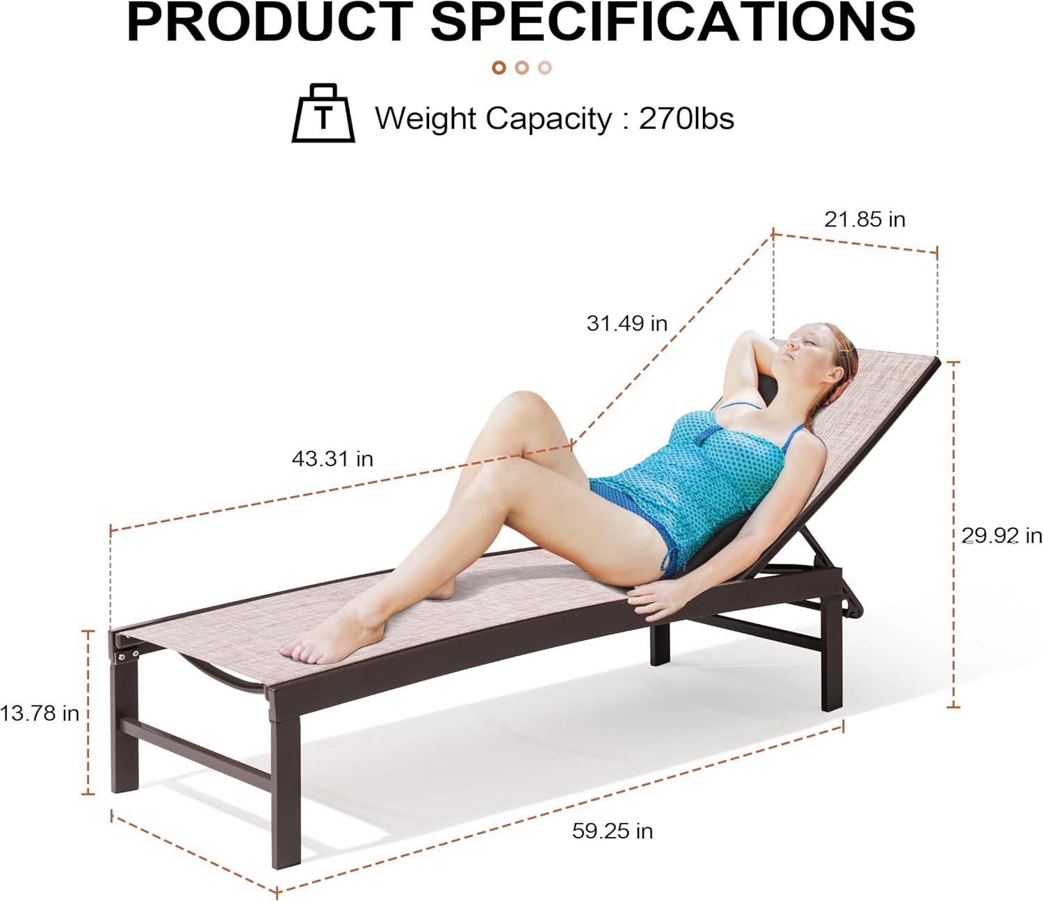 Crestlive Products Outdoor Pool Lounge Chairs Set of 2 with Side Table, Adjustable Five-Position Recliner for Beach, Pool, Sunbathing, Lawn