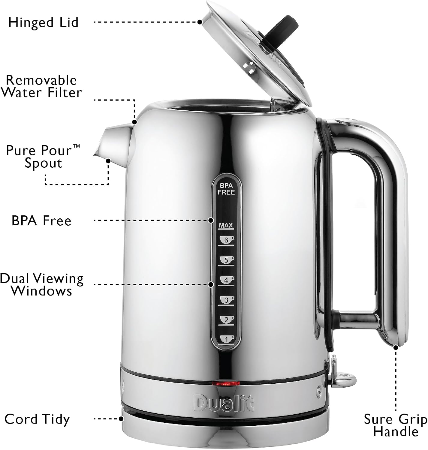 Dualit Classic Kettle - Polished Stainless Steel with Black trim- Quiet boiling kettle - 90 Second Boil Time - 1.7L Capacity, 1.5kW
