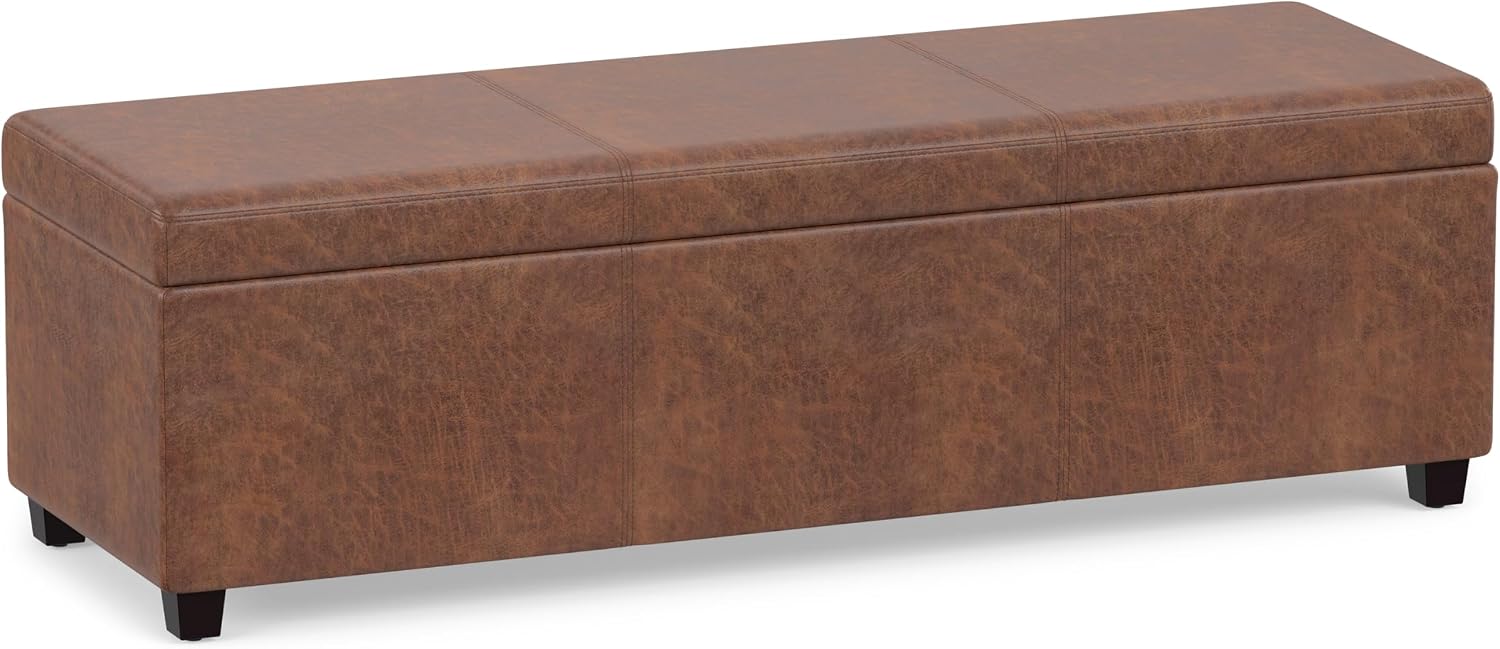 SIMPLIHOME Avalon 54" Wide Vegan Leather Storage Ottoman in Tanners Brown