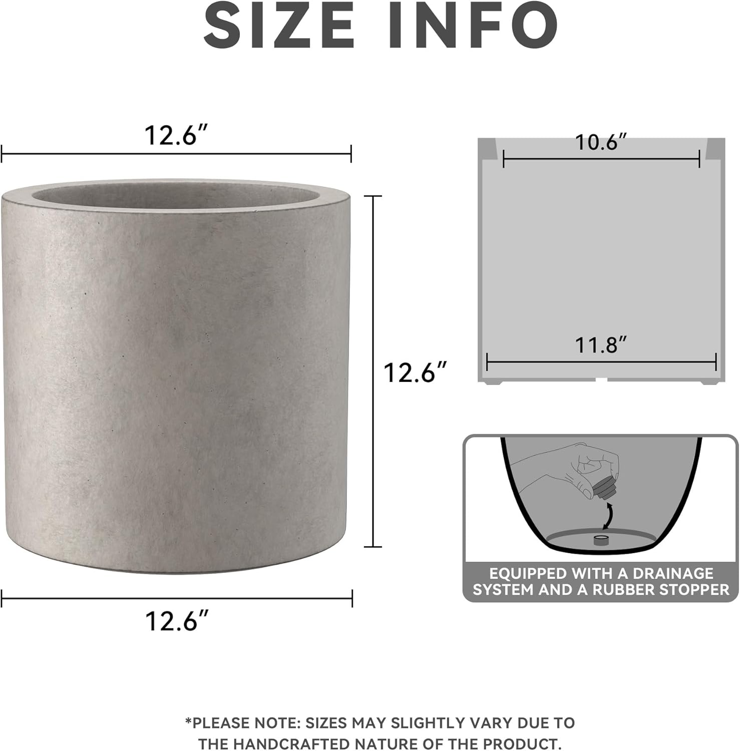 Kante Large Round Cylinder Charcoal Concrete Planter 15.8" Tall, Outdoor