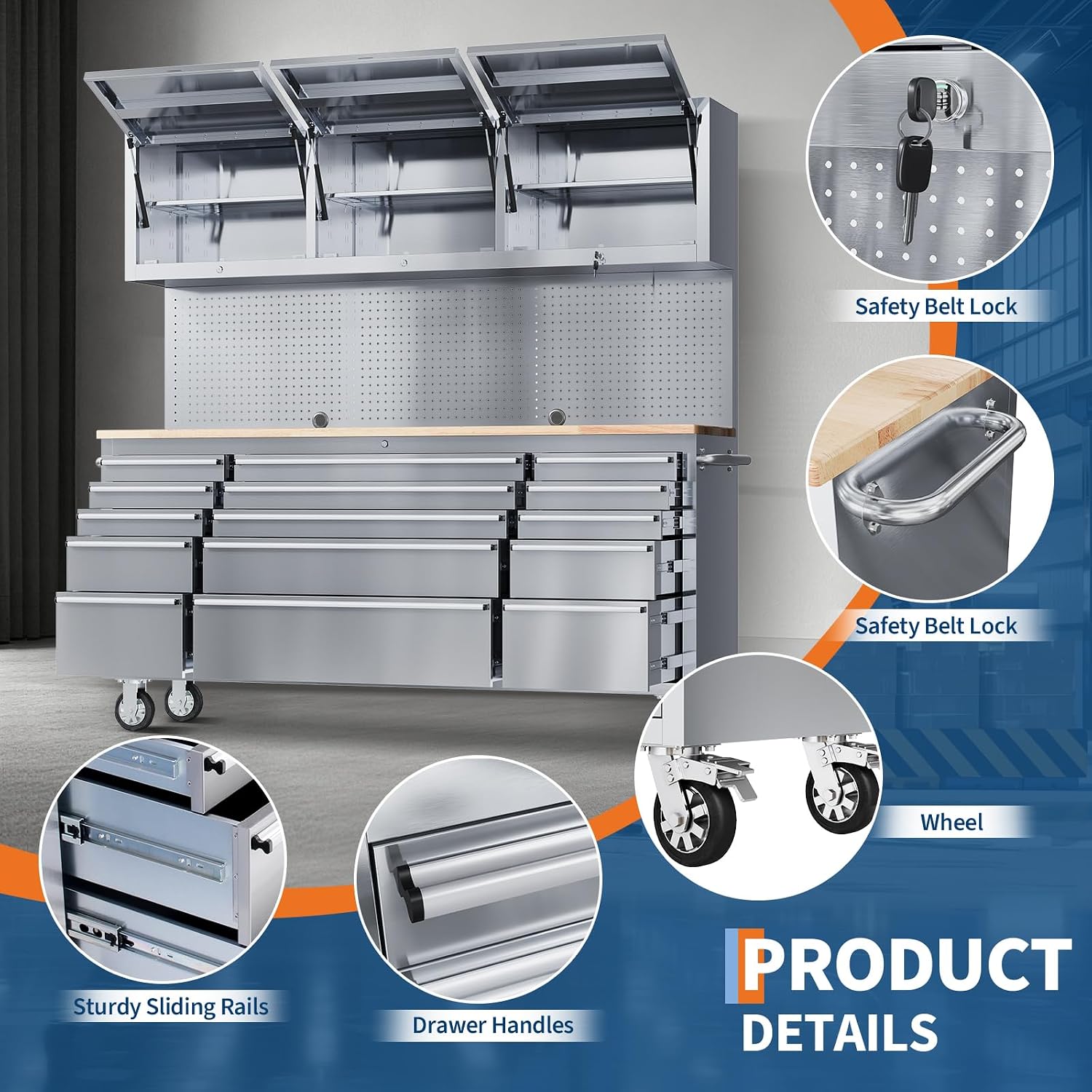 72" Heavy-Duty Rolling Tool Chest & Workbench with 15 Drawers, Steel Rubber Wood Top on Wheels, Key Locking System, Drawer Liners for Garage Warehouse Repair Shop, Black Storage Cabinet.