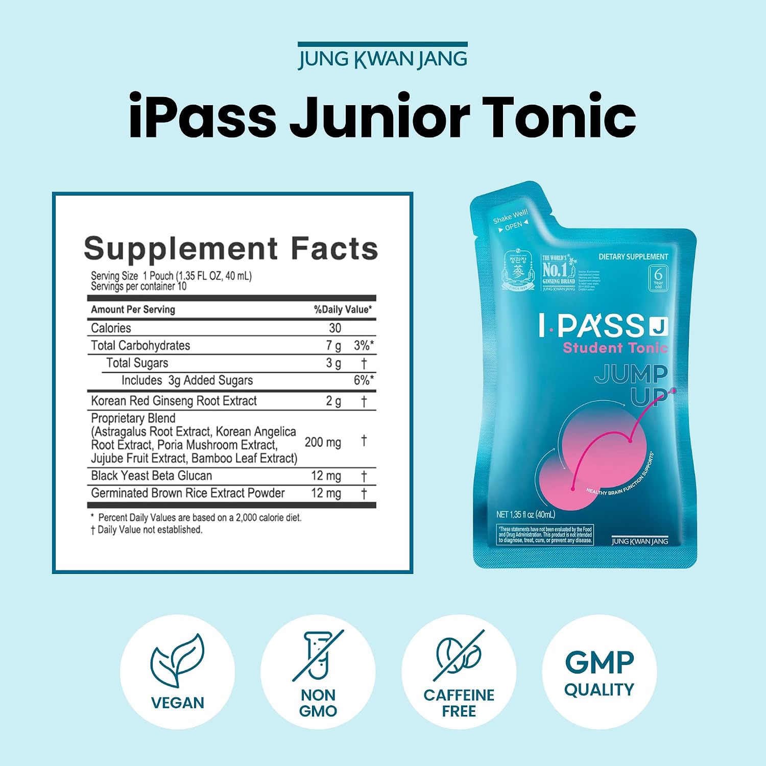 JungKwanJang i-Pass Junior Dietary Supplement- Korean Red Panax Ginseng Extract - Support Immune System, Memory Improvement and Concentration