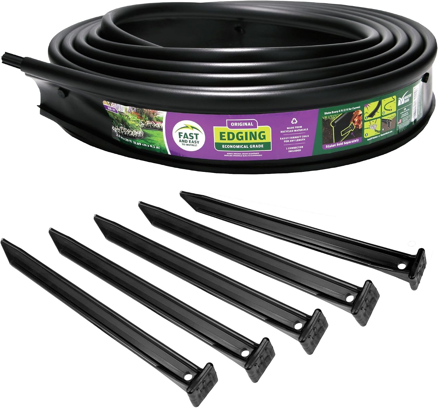 Master Mark Original Plastic Landscape Edging Roll with 5 Anchoring Stakes, Flexible 20-Foot Coil for Gardens, Flower Beds, and Lawn, Garden Border