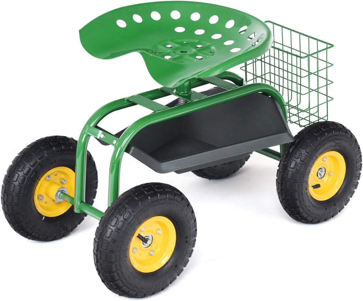 Giantex Rolling Garden Work Seat, 360 Swivel Gardening Workseat with Wheels, Tool Basket, Adjustable Height, Outdoor Scooter for Sitting, Gardening Stool Chair for Planting Trimming, Red