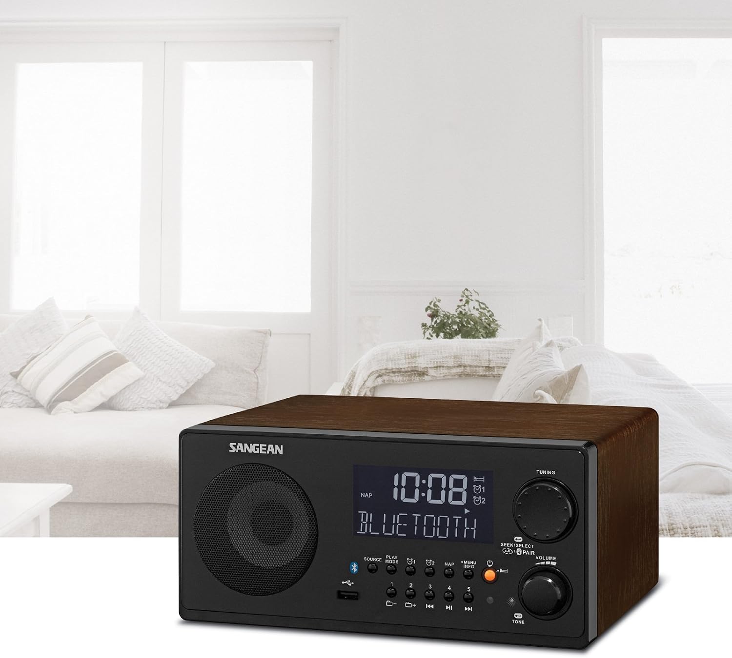 Sangean WR-22WL AM/FM-RDS/Bluetooth/USB Table-Top Digital Tuning Receiver (Dark Walnut) (Renewed)