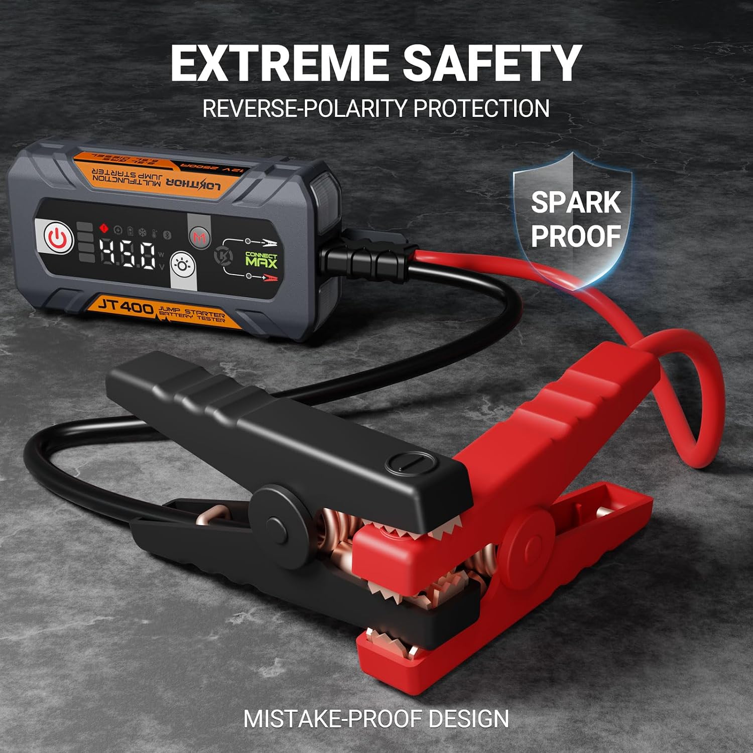 LOKITHOR JT400 2500A Portable Jump Starter with 100–2000 CCA Battery Tester, 12V Car Battery Jump Starter for Up to 8.5L Gas or 6.5L Diesel Engines, Smart Bluetooth Automotive Battery Load Tester