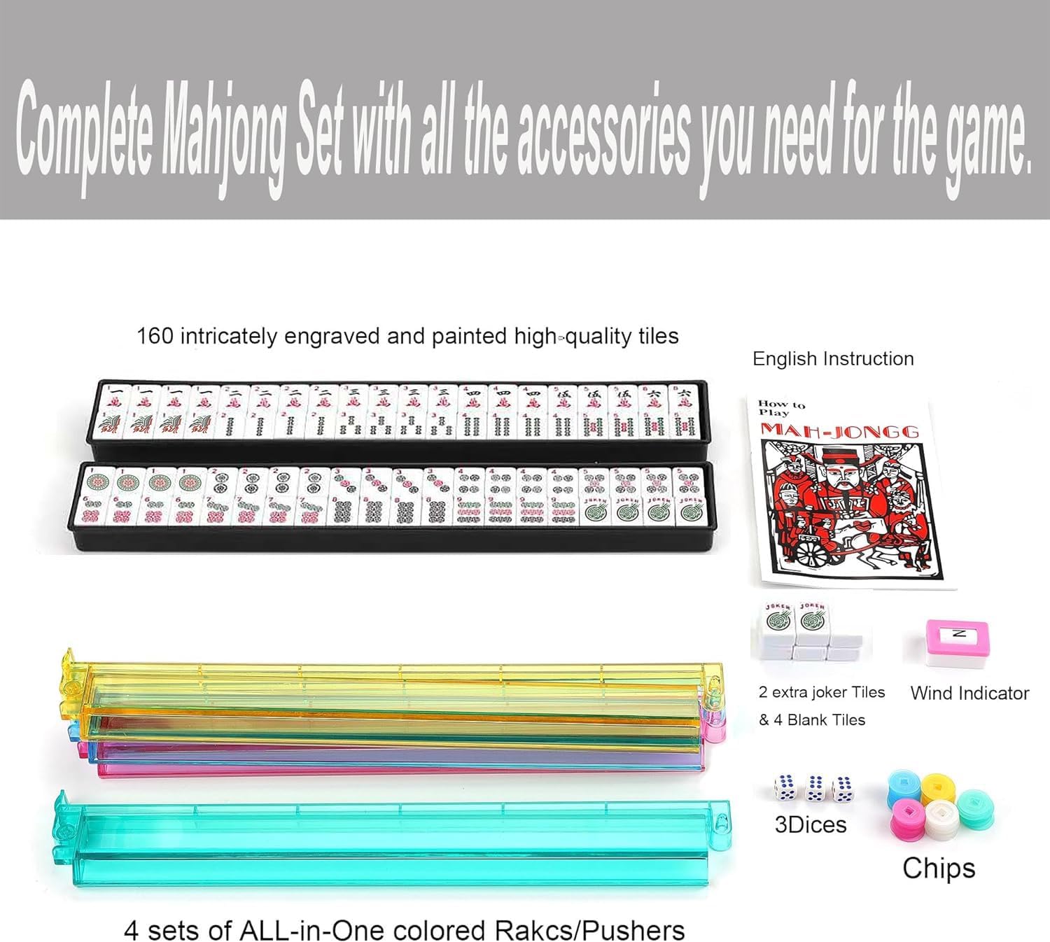 American Mahjong Game Set - Black Quilted Soft Bag 166 Premium Tiles with 4 All-in-One Rack/Pushers,100 Chips, Wind Indicator, English Manual. Easy Carry Complete Classic Mah-Jongg Set