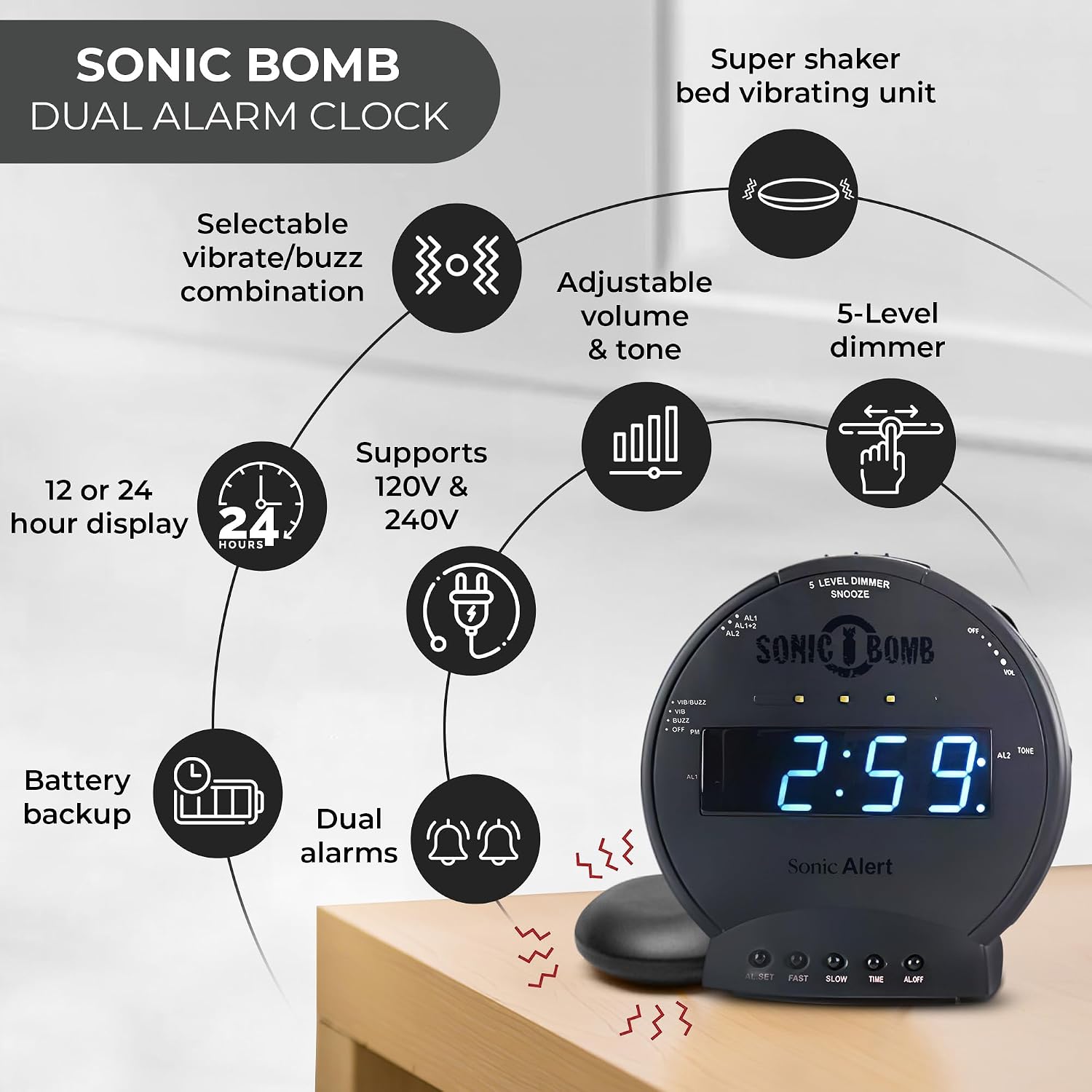 Sonic Bomb Dual Extra Loud Alarm Clock with Bed Shaker, Black | Sonic Alert Vibrating Alarm Clock Heavy Sleepers, Battery Backup | Wake with a Shake