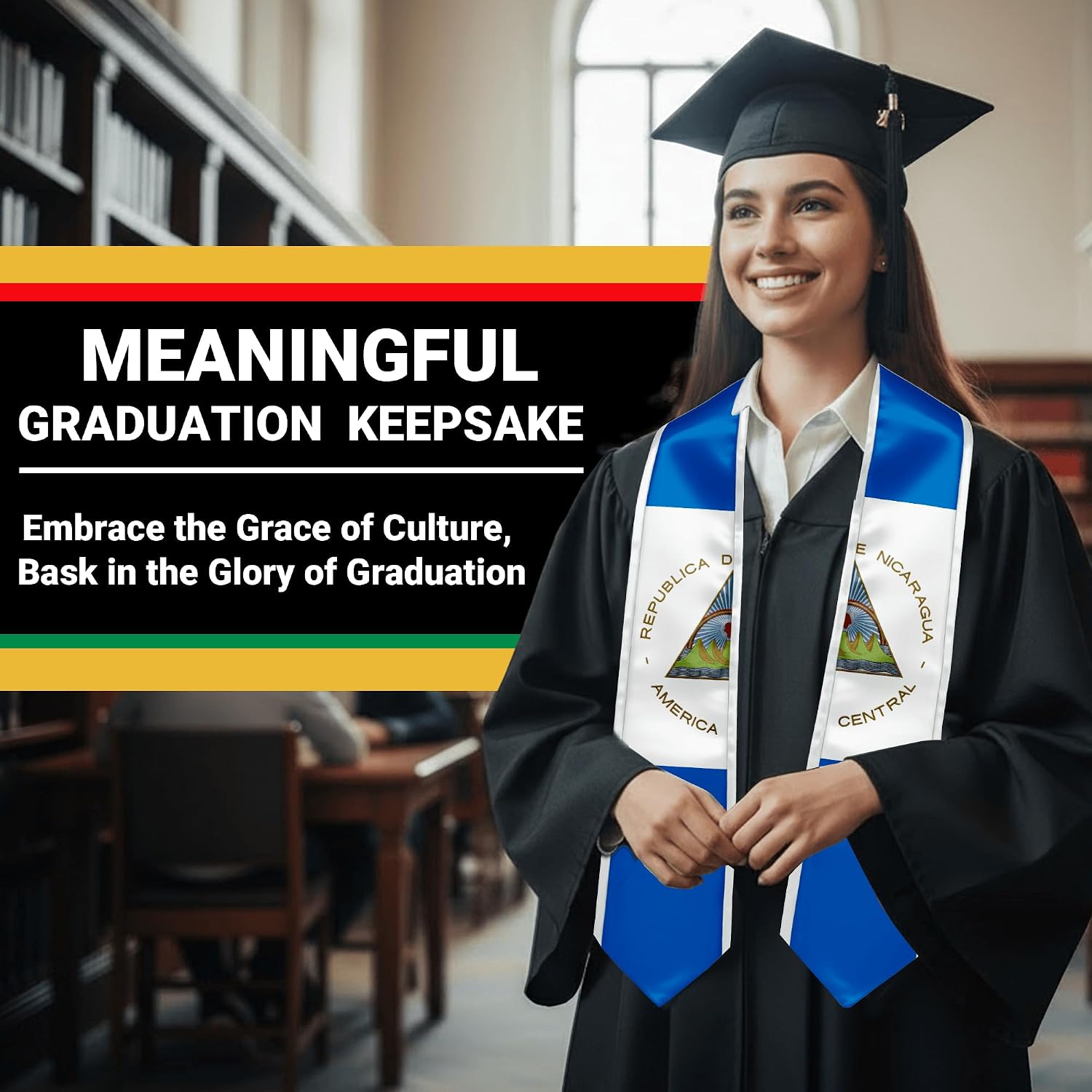 YOXEULL National Flag Embroidered Graduation Stole with Trim, Graduation Sash Graduates Gift, 72"