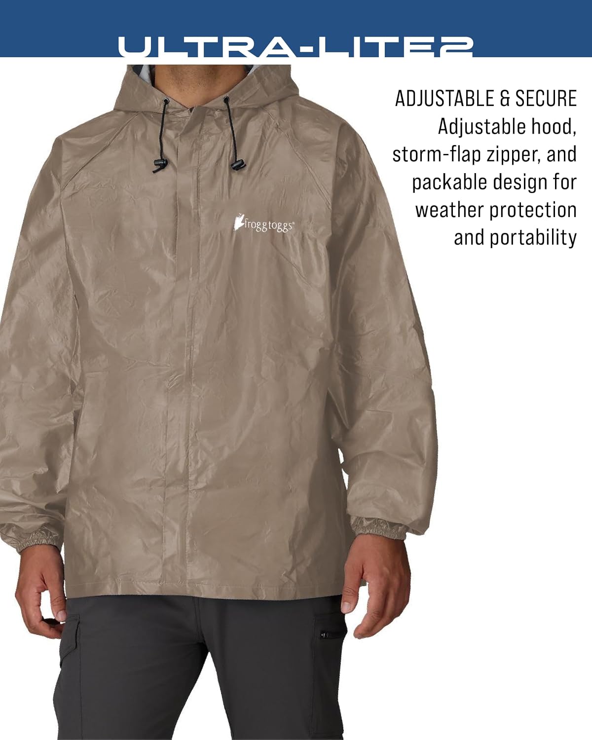 FROGG TOGGS Men's Ultra-lite2 2-Layer Waterproof Breathable Rain Jacket | Sealed seams, adjustable hood, storm flap, zippered chest pocket