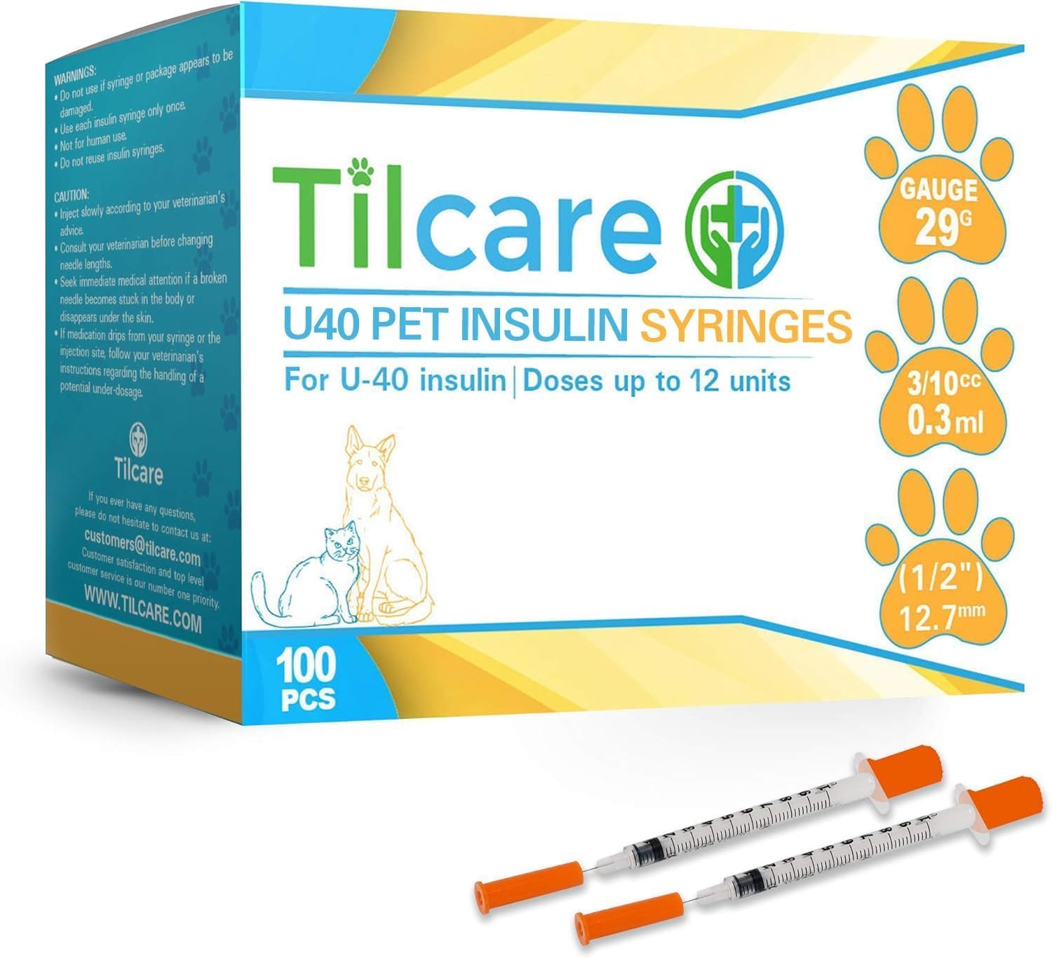 U40 Pet Insulin Syringes with Needle: 29 g 0.3 Cc 12.7 mm 1/2"- 100-Pack