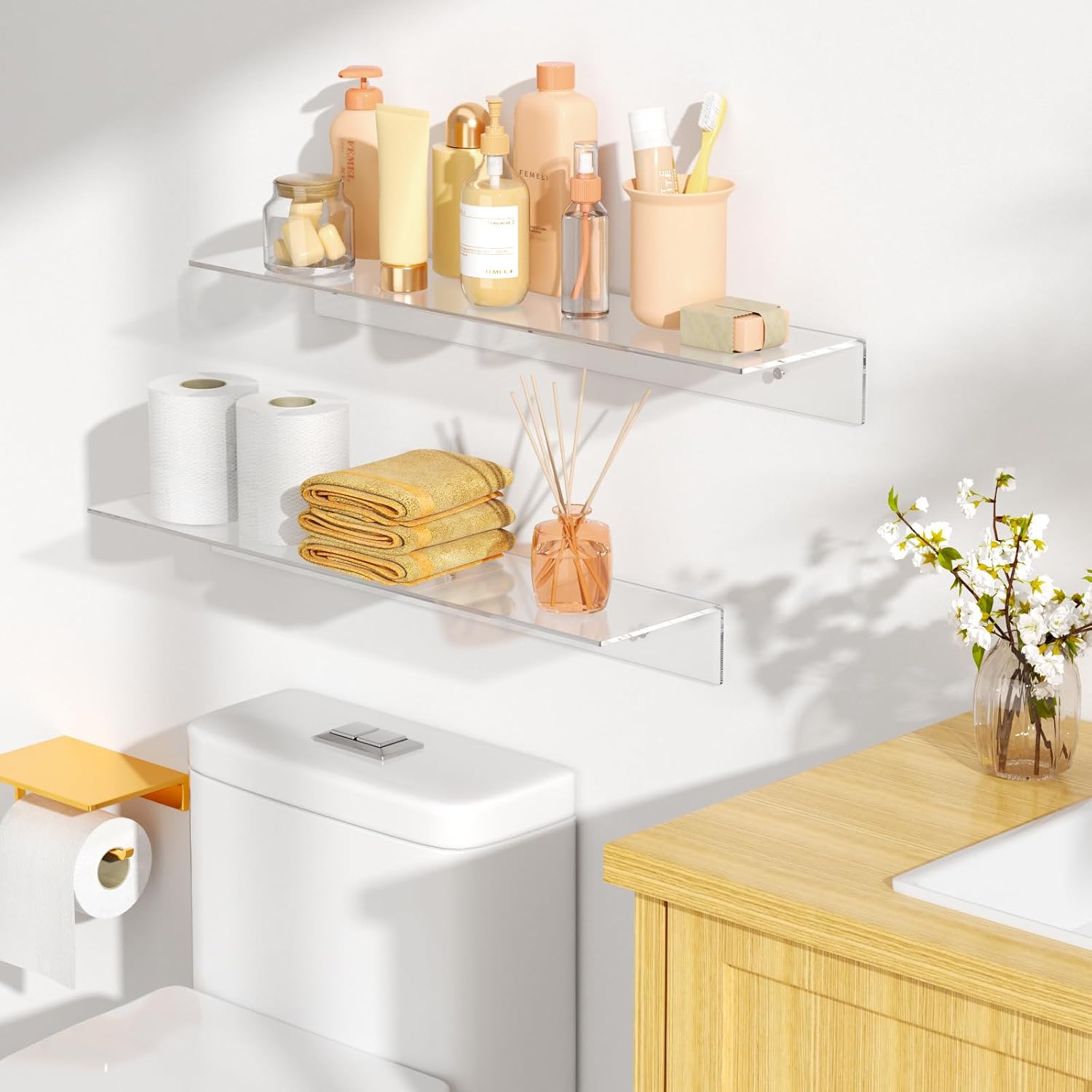 FEMELI 2 PCS 12" Acrylic Floating Shelves, Clear Shelf for Wall Display