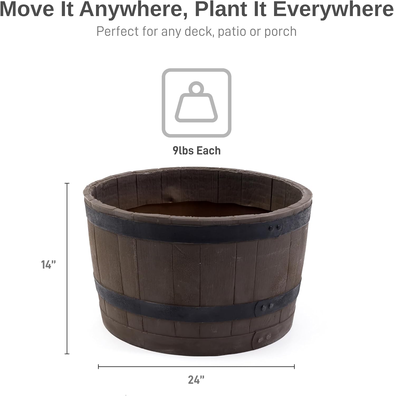 RTS Companies Home Accents 24" Whiskey Barrel Planter, Durable Polyethylene Indoor/Outdoor Flower Pot, Weather-Resistant Plastic Garden Planter, Black, 1-Pack