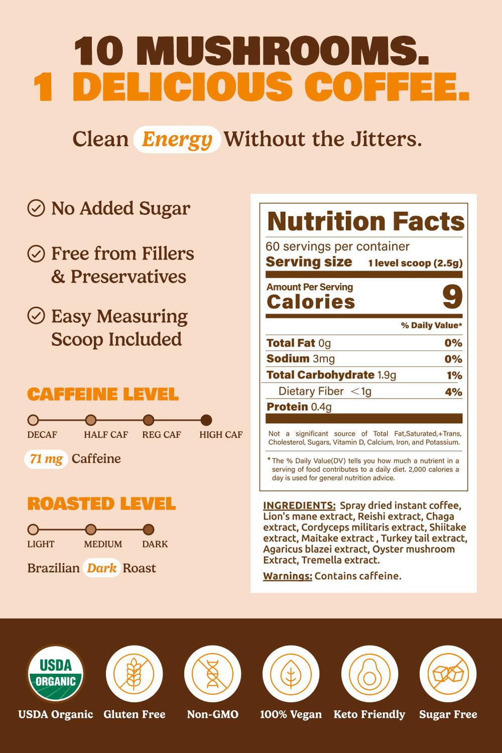 ShroomDNA Mushroom Coffee Blend with Chaga & Lion's Mane | Instant Focus + Clarity All Day | Organic + Vegan + Gluten Free | No Added Sugar | 20 Count