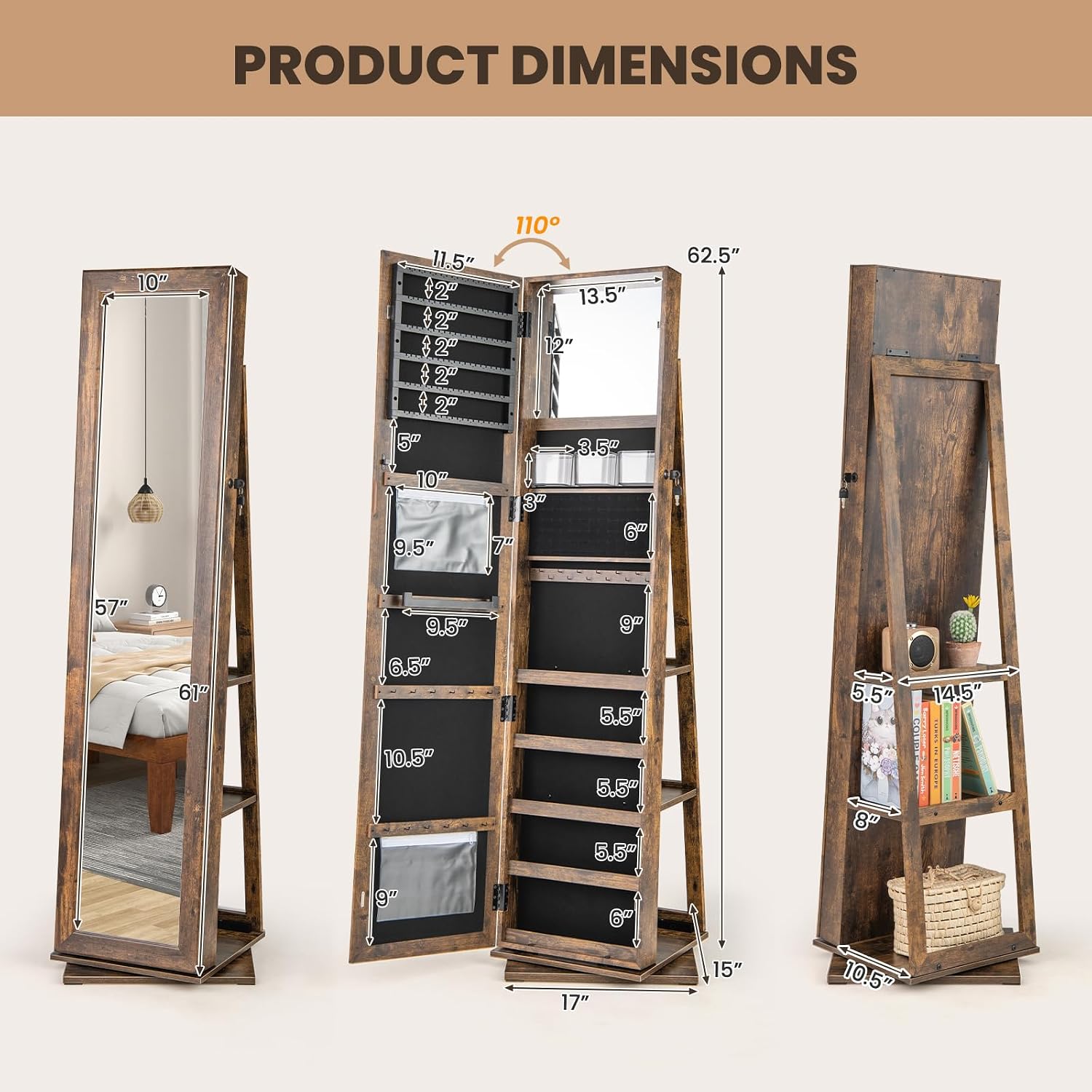 CHARMAID 360° Swivel Jewelry Armoire with Higher Full Length Mirror, Standing Lockable Jewelry Cabinet Organizer with Large Storage Capacity