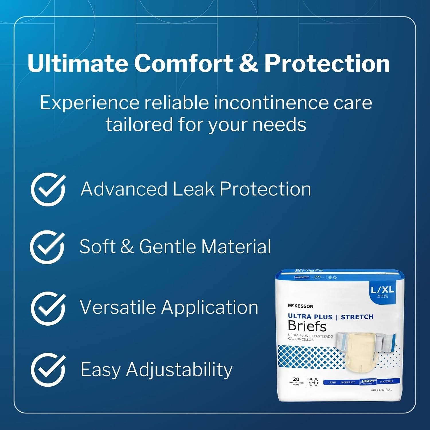 McKesson Ultra Plus Stretch Briefs, L/XL, Heavy Absorbency, 66 in, 80 ct | Unisex, Disposable, Elastic Leg Gathers and Contoured Fit for Men and Women, Incontinence