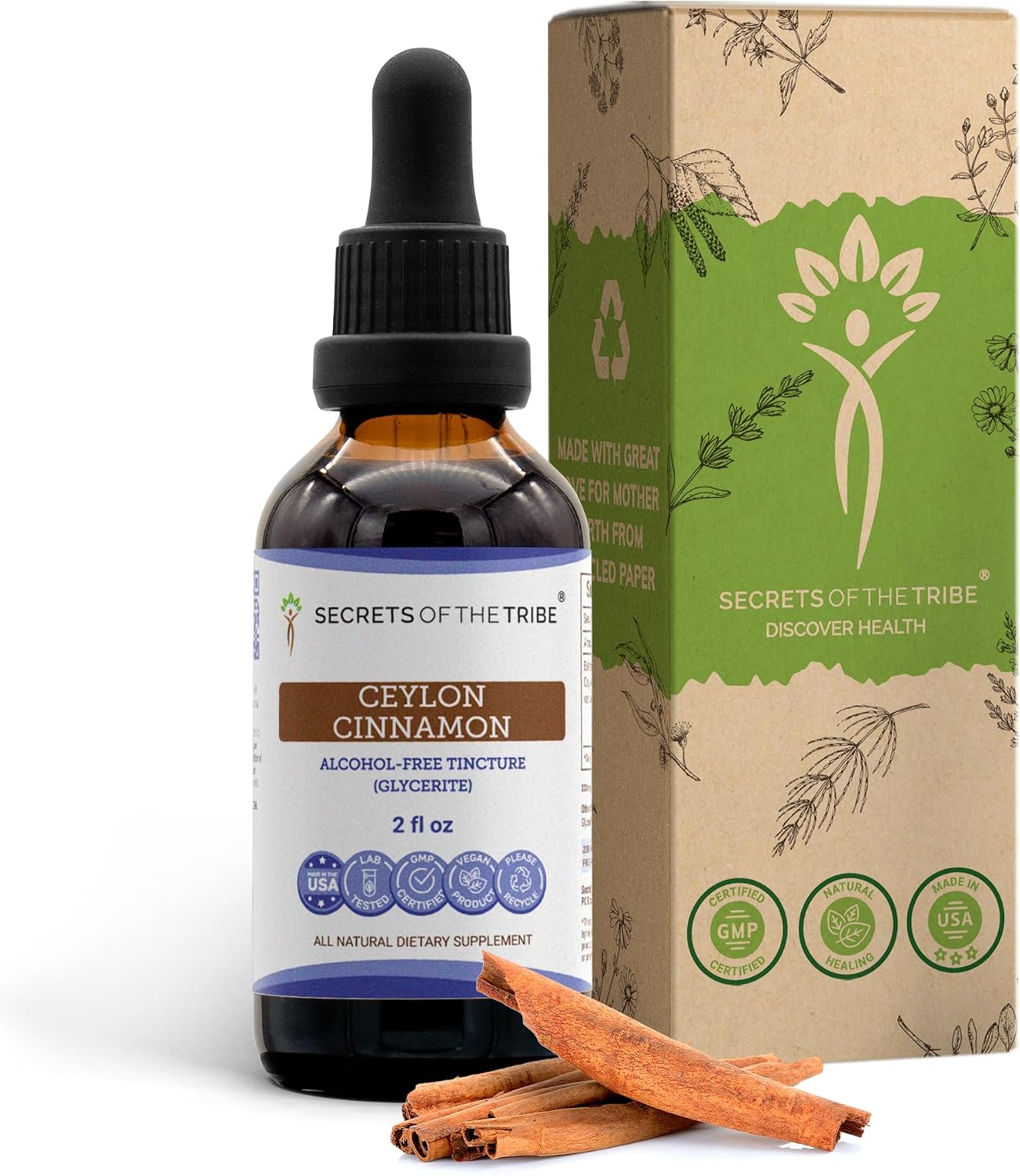 Secrets of the Tribe Ceylon Cinnamon Tincture Alcohol-Free Liquid Extract, Ceylon Cinnamon (Cinnamomum Verum) Dried Bark (2 FL OZ)