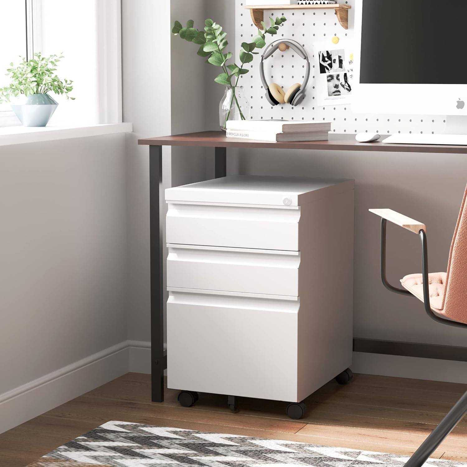 Guizeeopo 3 Drawer File Cabinet with Lock, File Cabinets for Home Office,Under Desk Cabinet, Locking File Cabinet for A4/Letter/Legal, Fully Assembled Expect Casters, Matte White