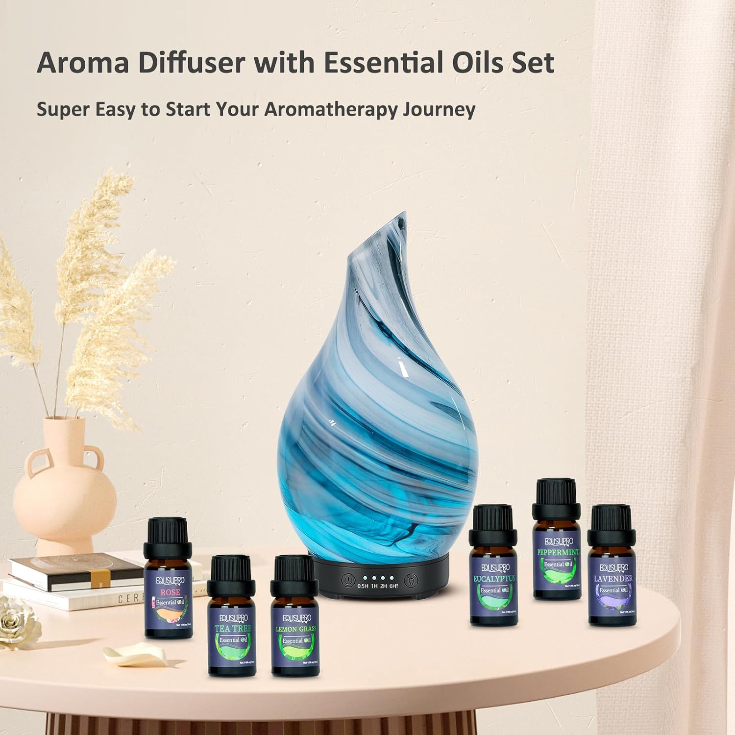 Aromatherapy Essential Oil Diffuser for Home- Art Glass Diffuser for Essential Oils with Waterless Auto Shut-Off 4 Timer 7 Colors LED Night Light