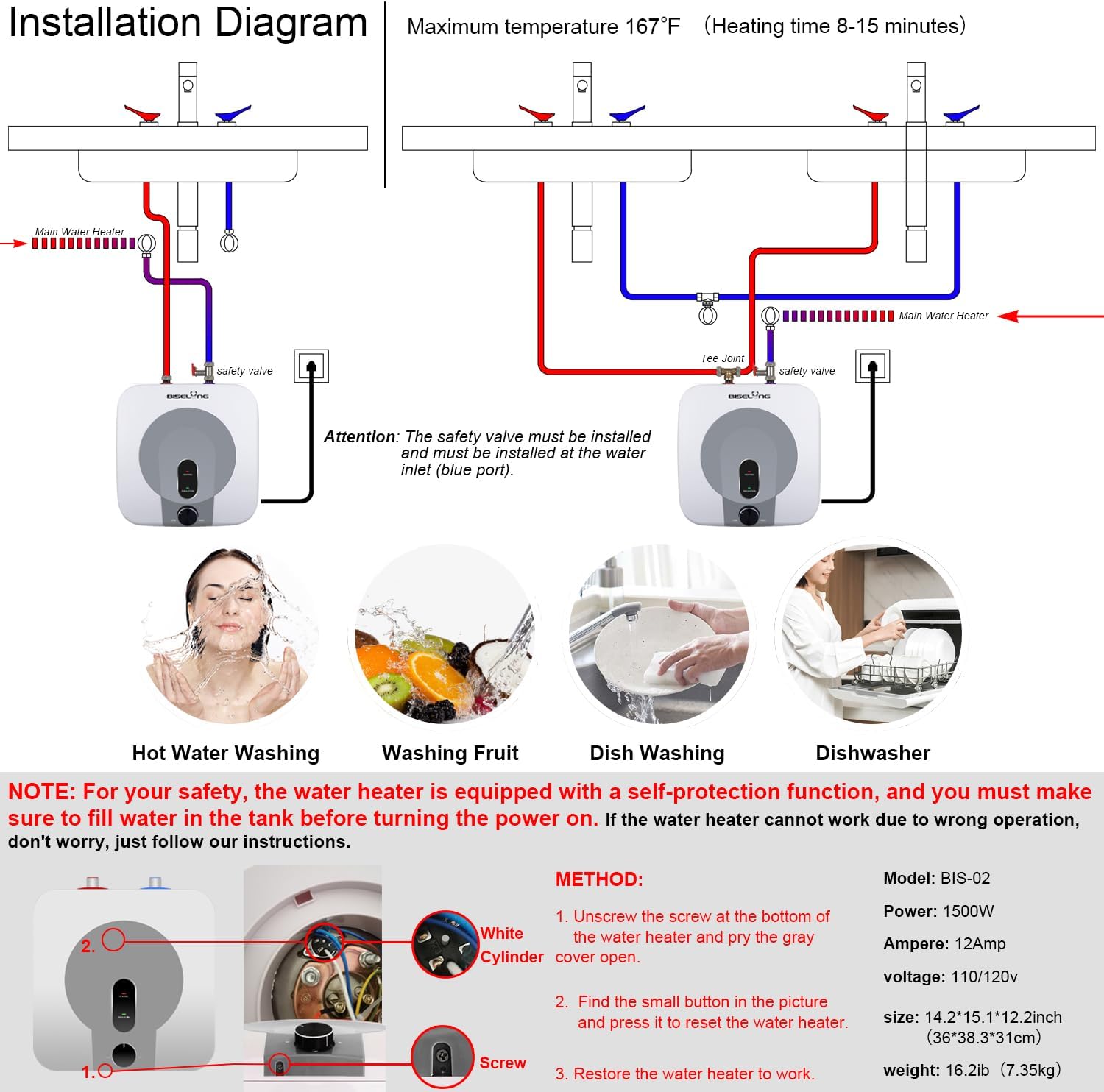 110V-120V 1440-1500W Small Under Sink Tank 2.5 Gallon Water Heater Hot Storage, Mini Instant Electric RV TR Trailer Kitchen Compact