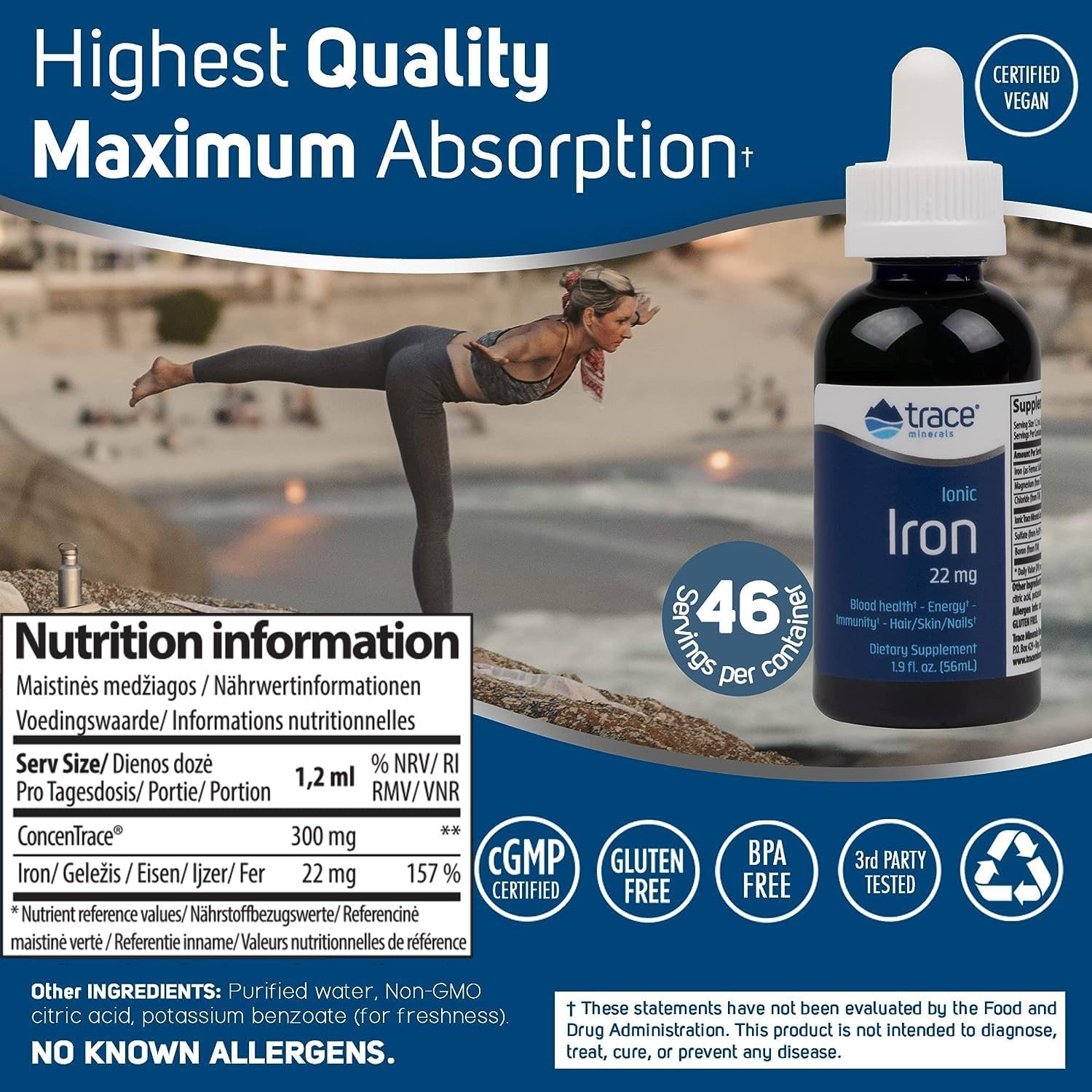 Trace Minerals Iron Liquid Supplement, 22 mg Ferrous Sulfate, 1.9 fl oz | Gentle on the stomach, High-absorption ionic form