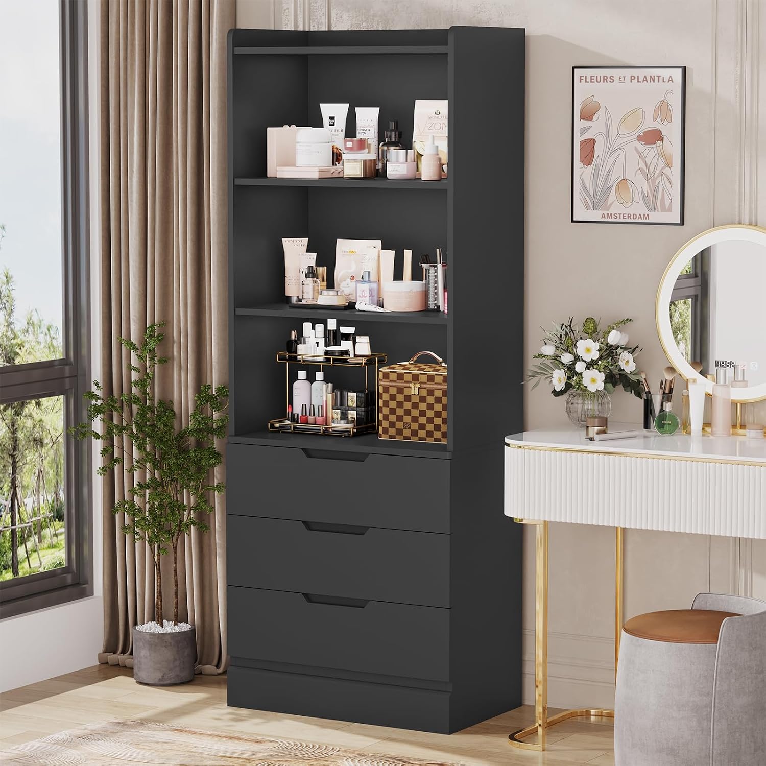 DICTAC 73.23'' Tall Storage Cabinet Bookcase with 3 Drawers and 3-Tier Open Shelves Wooden Bookshelf Kitchen Pantry Storage Organizer Cabinets for Living Room, Study, Kitchen,Bathroom,White