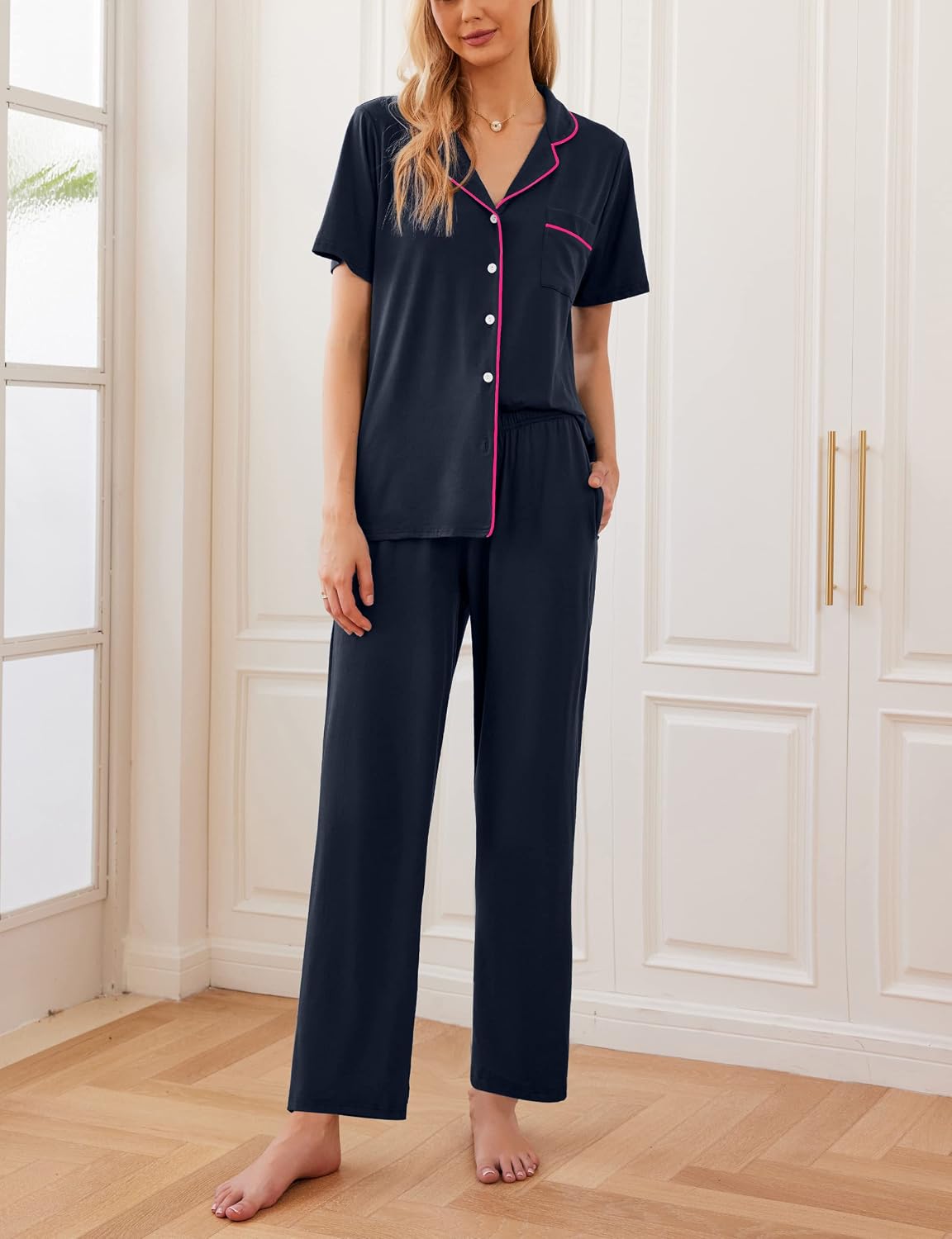 Ekouaer Womens Pajamas Set Short Sleeve Button Down Top & Pants Lounge Pjs