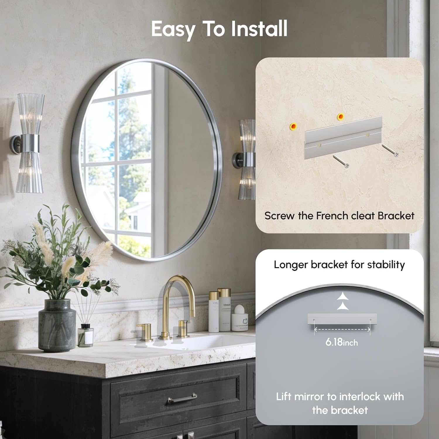 USHOWER Frameless Round Bathroom Mirror 24"