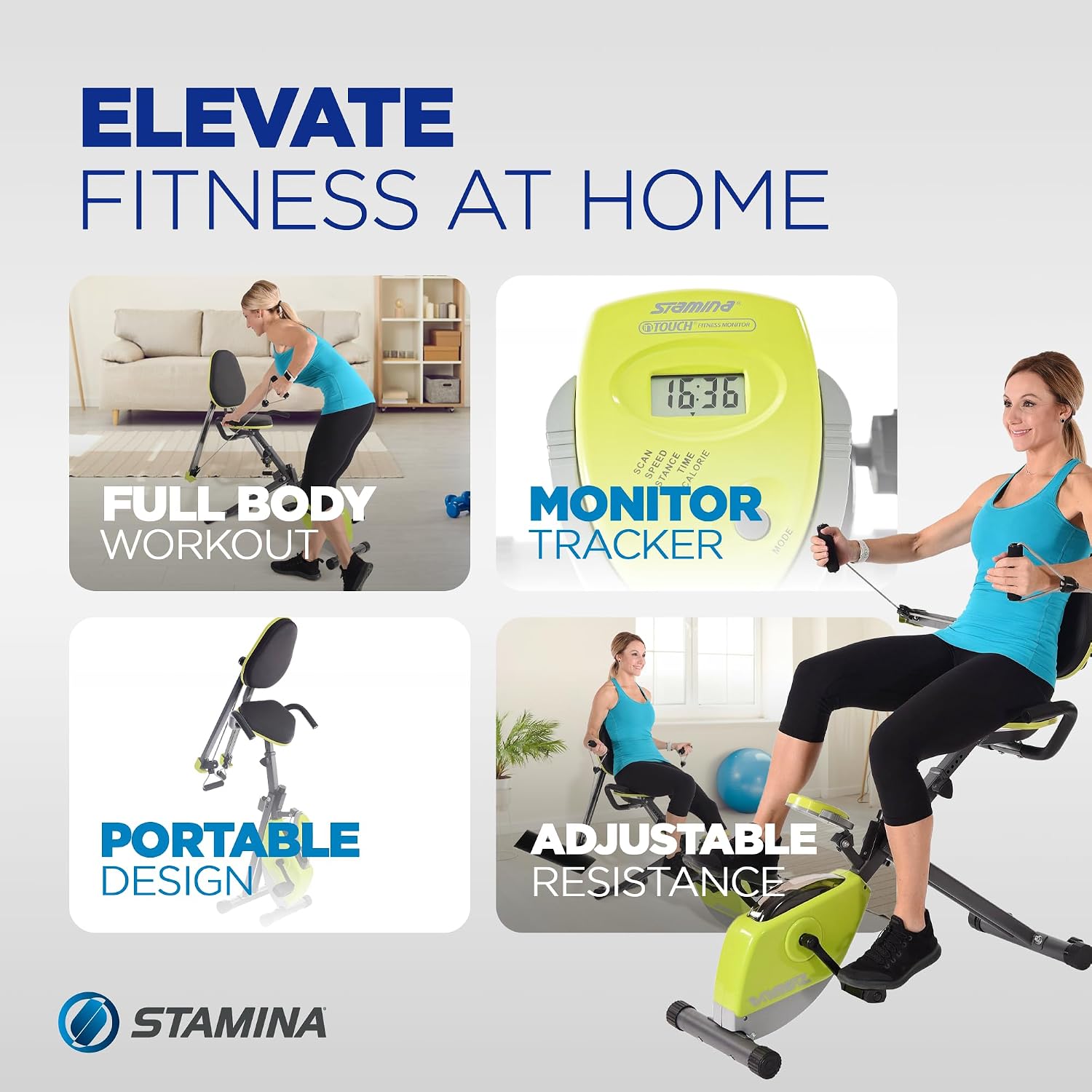 Stamina Wonder Exercise Bike | Build Upper and Lower Body Strength on One Machine | Includes Two Online Workout Videos, Chartreuse and Gray