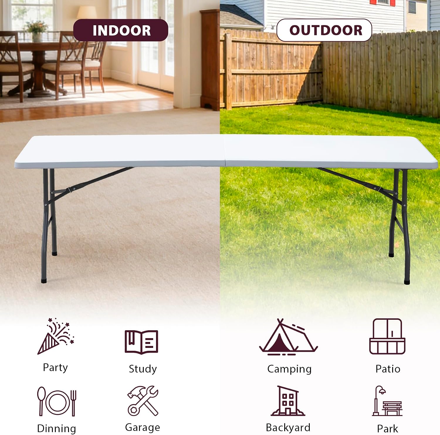 ZENY 6ft Folding Table, Portable Picnic Table, Plastic Table for Indoor Outdoor Picnic, Party, Camping, Heavy Duty Fold-up Table with Handle, White
