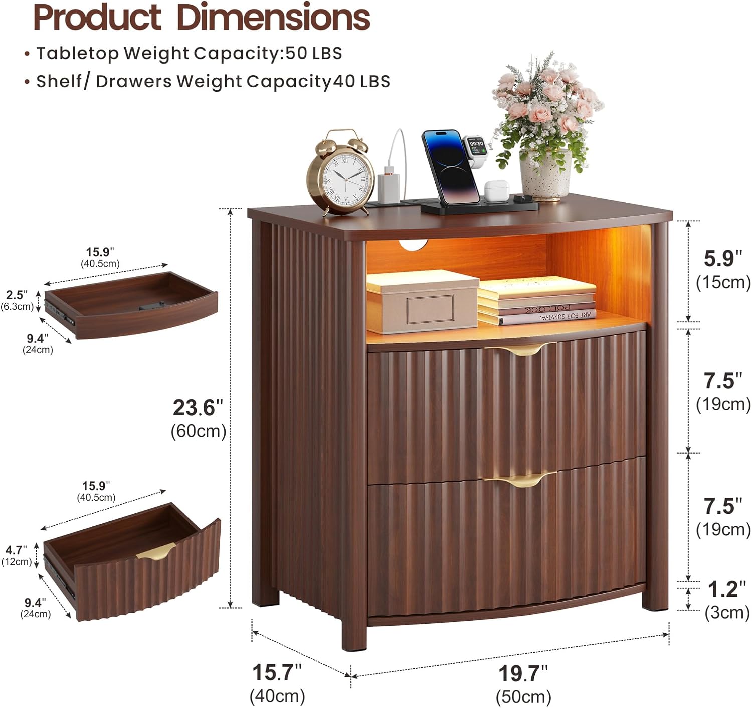 Dystler Fluted LED Night Stand with Hidden Gun Drawer & Charging | 19.7" W Curved Smart Bedside Table, 3-Color LED lights, 2 Drawers, Nightstand with Card-Lock, End Table for Bedroom, Walnut