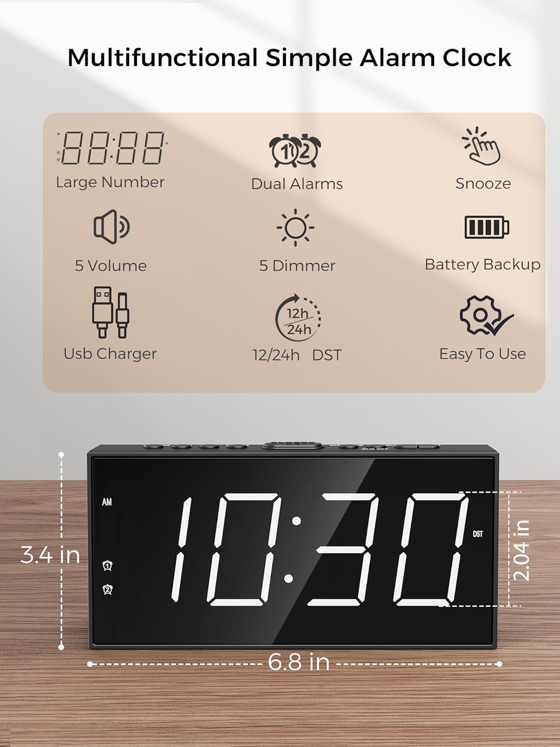 Digital Alarm Clocks for Bedrooms, Dual Alarms, 7.5-Inch Large Display